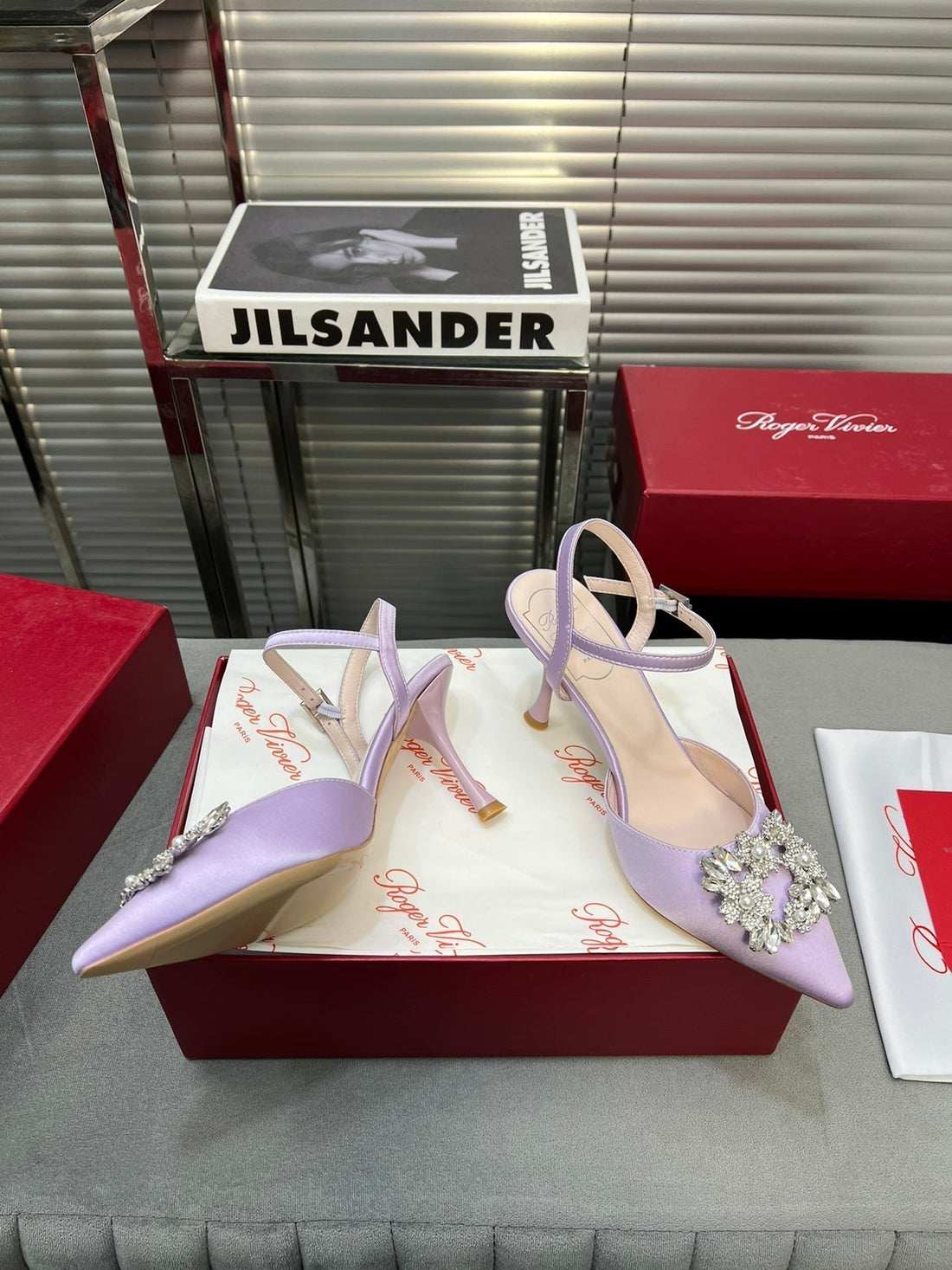 Flower Strass Buckle Slingback Pump 90 Violet Satin