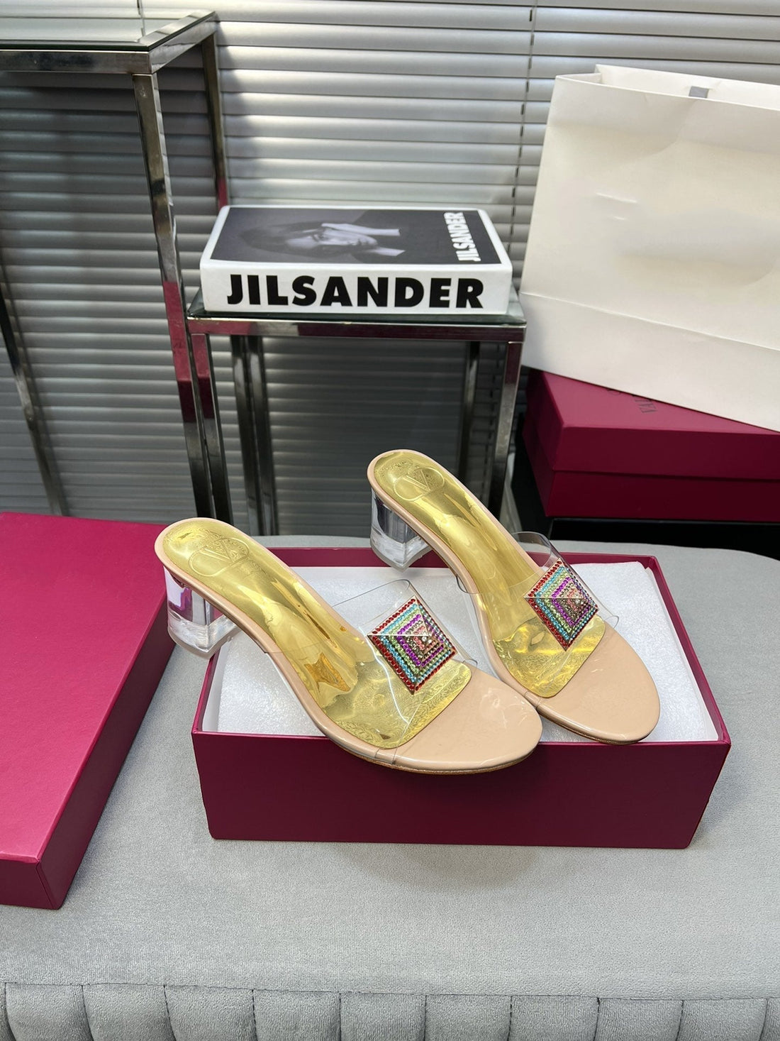 Heeled Sandals 6cm with Crystal Square Buckle Gold and Beige