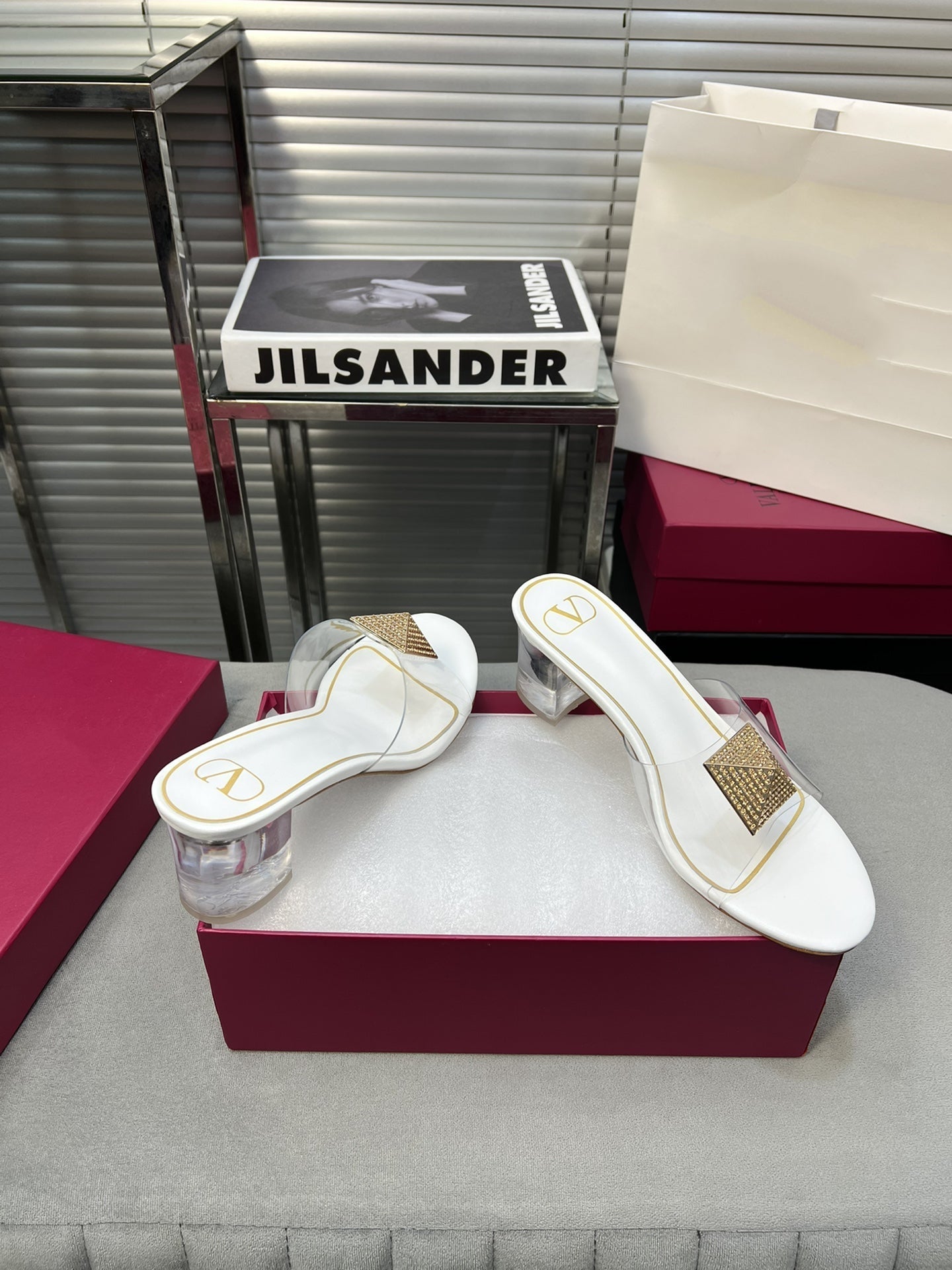 Heeled Sandals 6cm with Crystal Square Buckle White