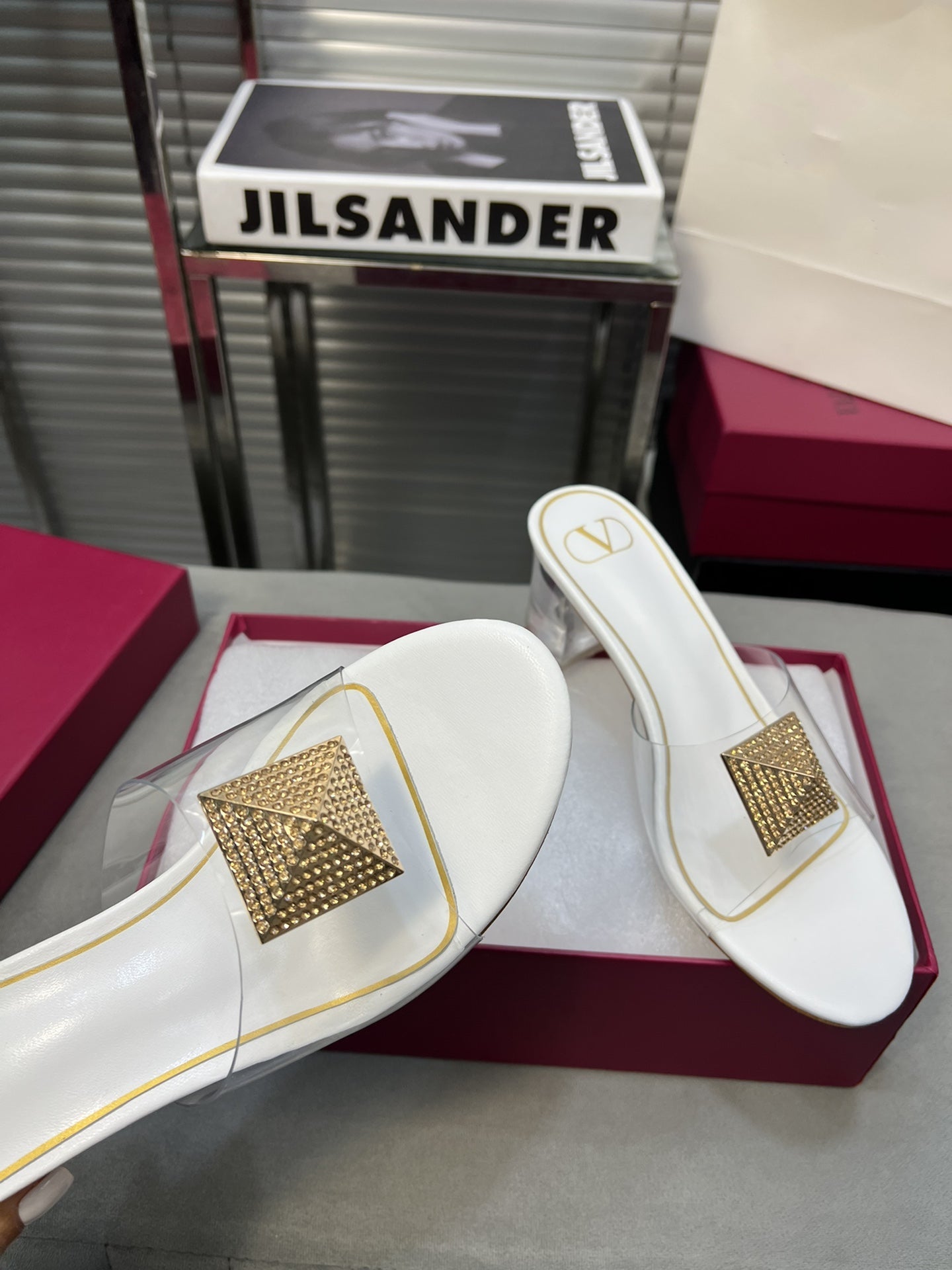 Heeled Sandals 6cm with Crystal Square Buckle White