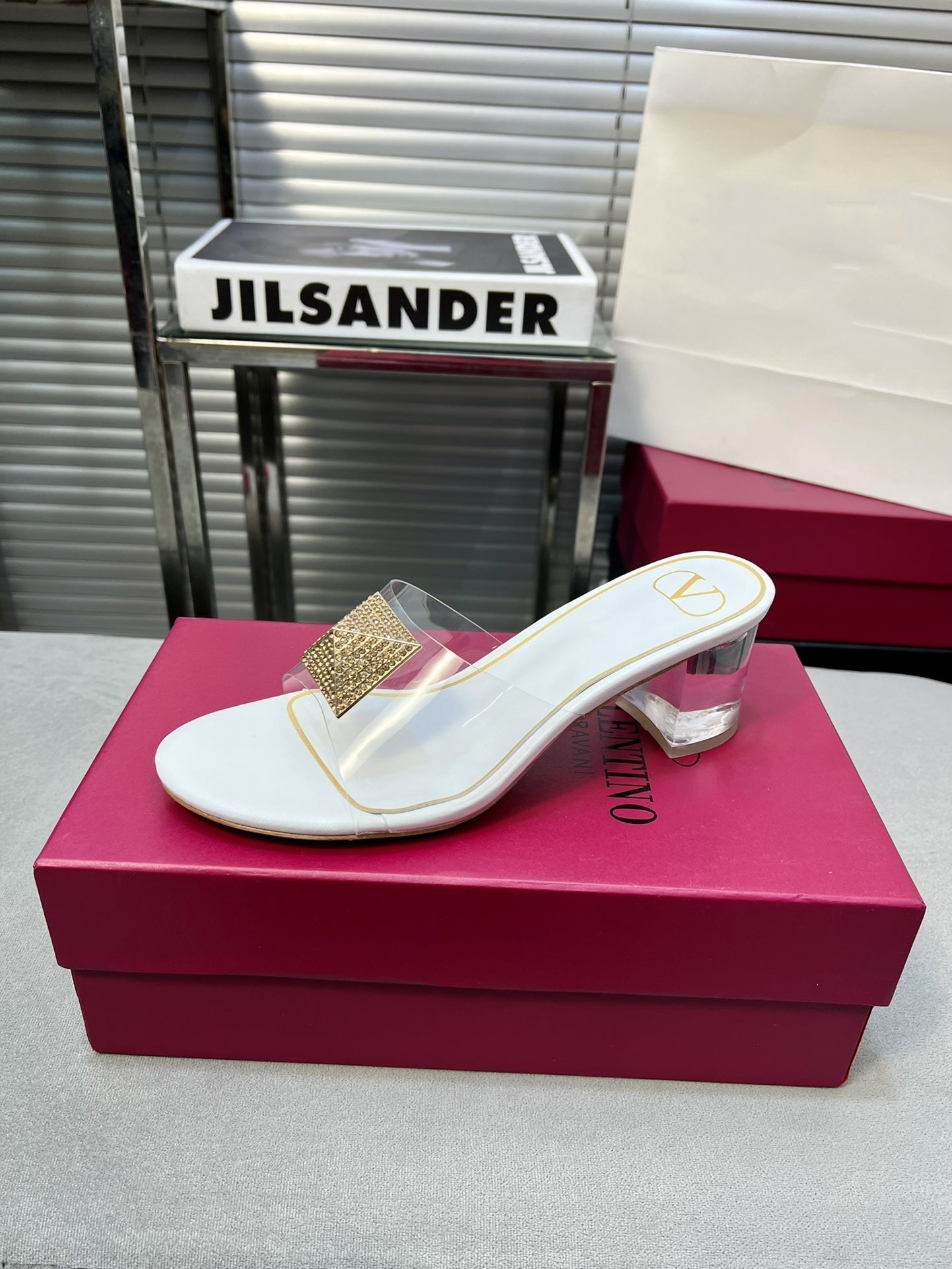 Heeled Sandals 6cm with Crystal Square Buckle White