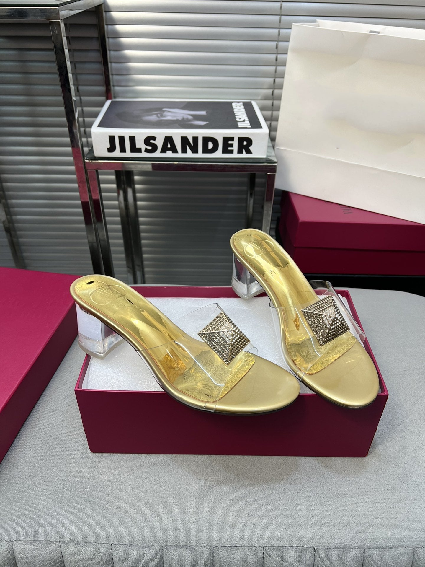 Heeled Sandals 6cm with Crystal Square Buckle Gold