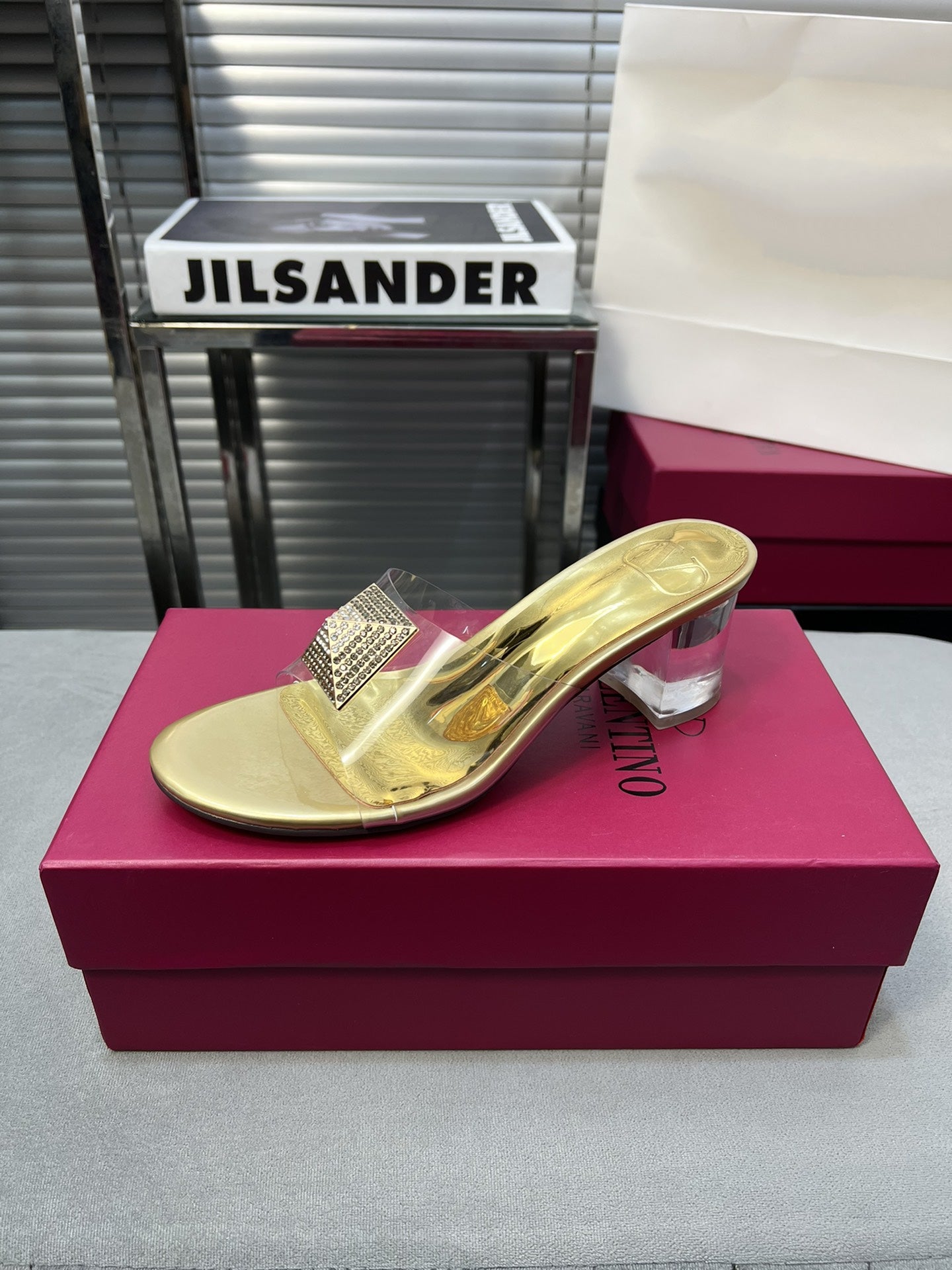 Heeled Sandals 6cm with Crystal Square Buckle Gold