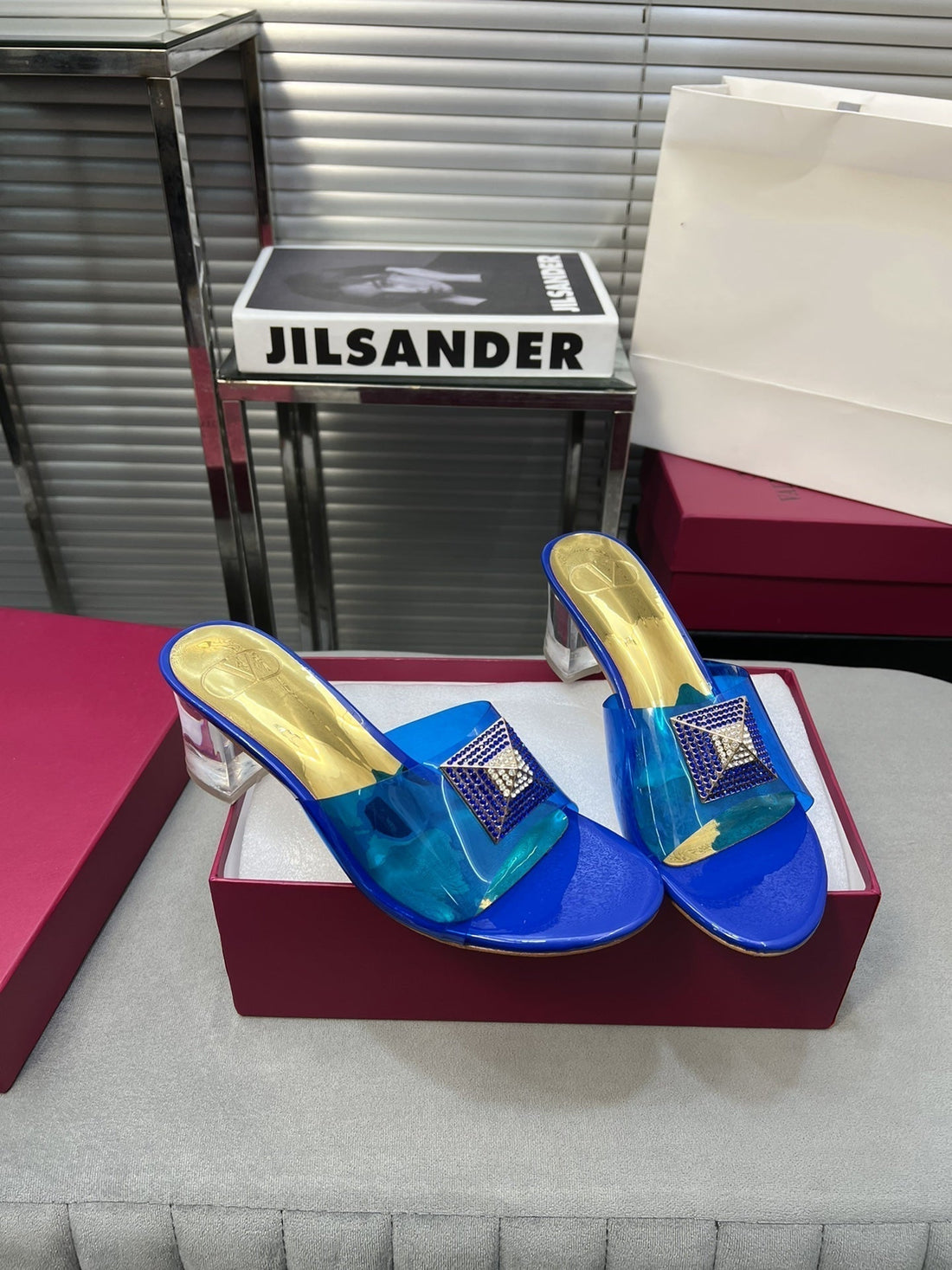 Heeled Sandals 6cm with Crystal Square Buckle Gold and Blue