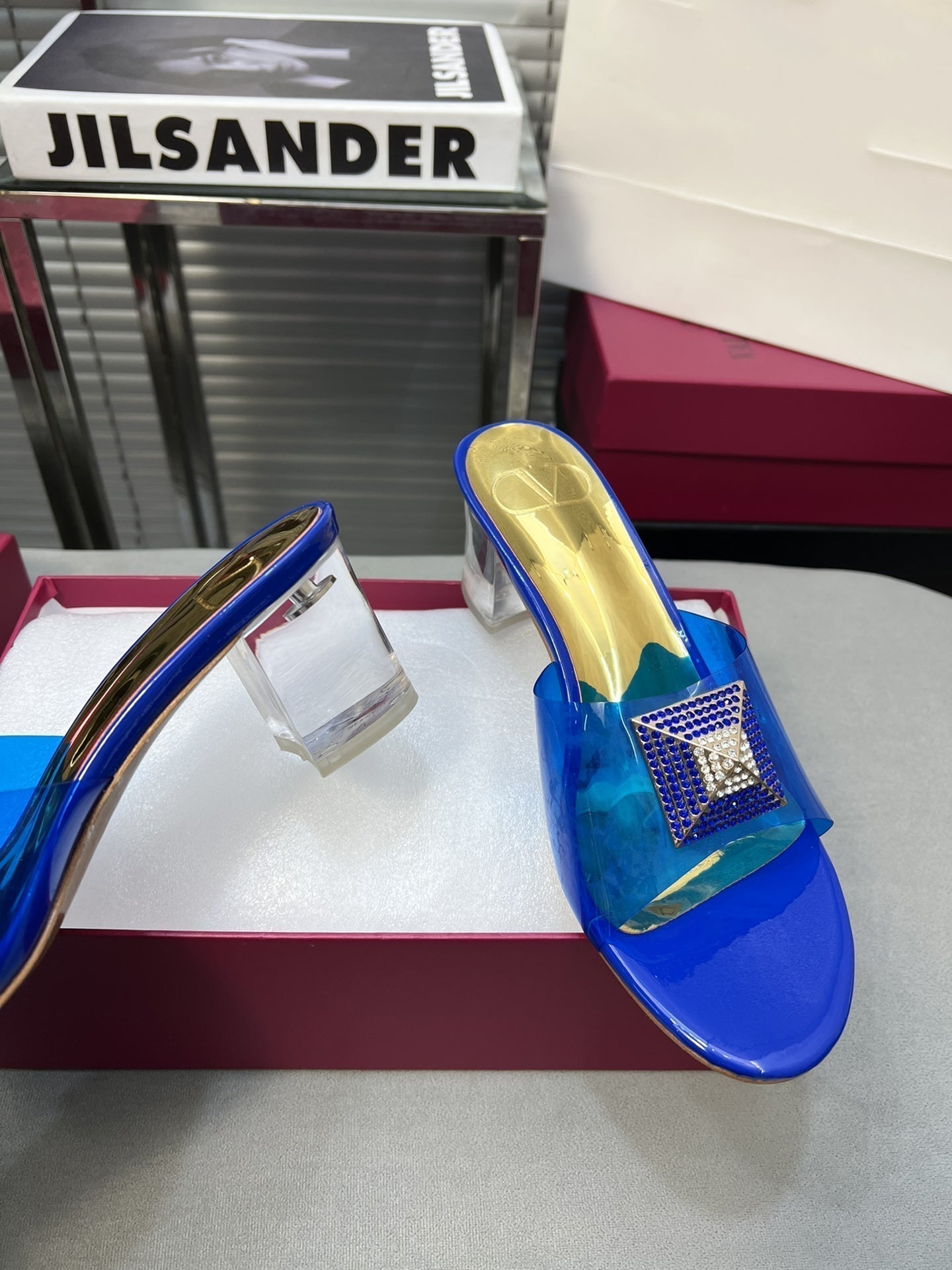 Heeled Sandals 6cm with Crystal Square Buckle Gold and Blue