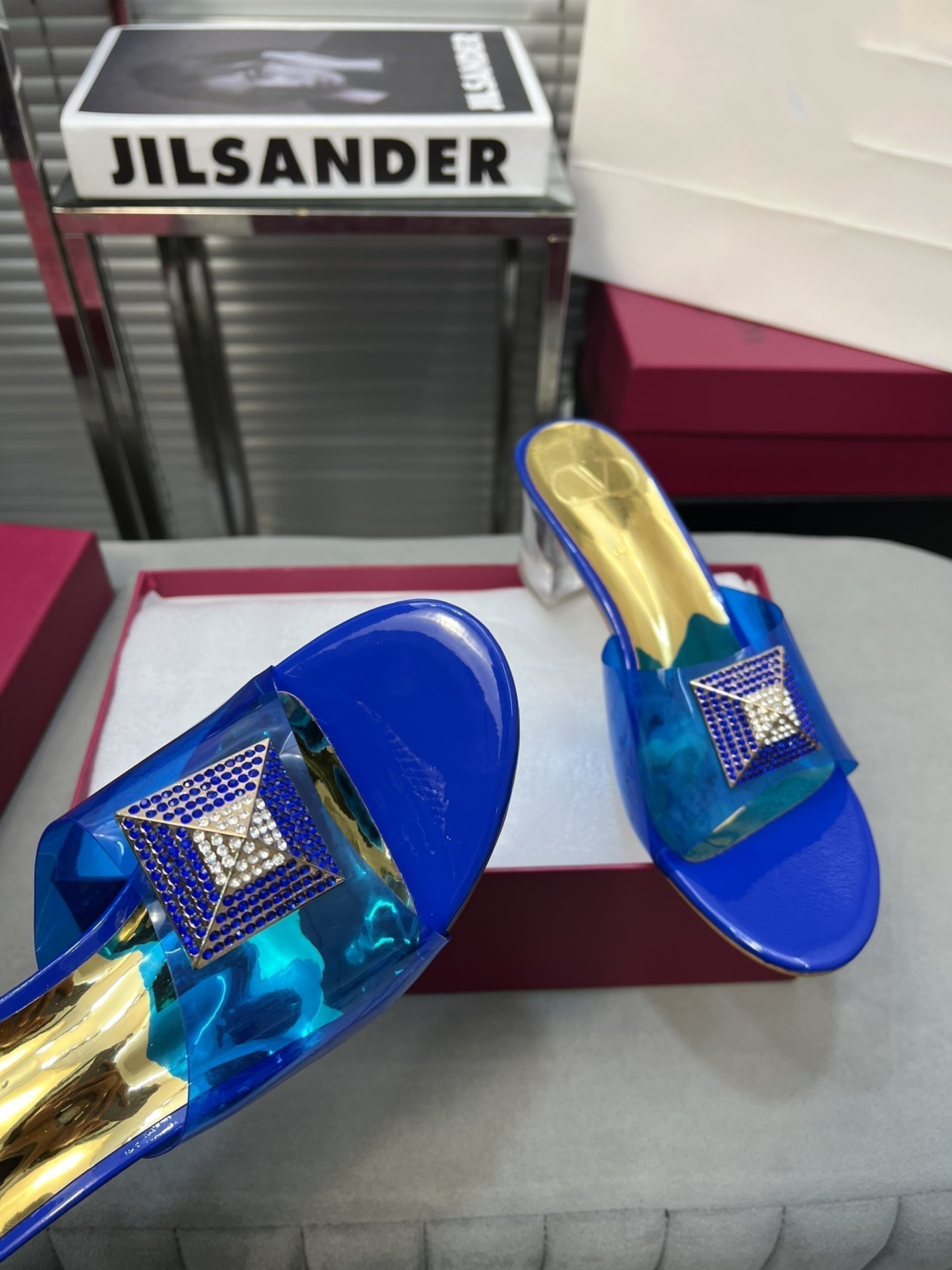 Heeled Sandals 6cm with Crystal Square Buckle Gold and Blue