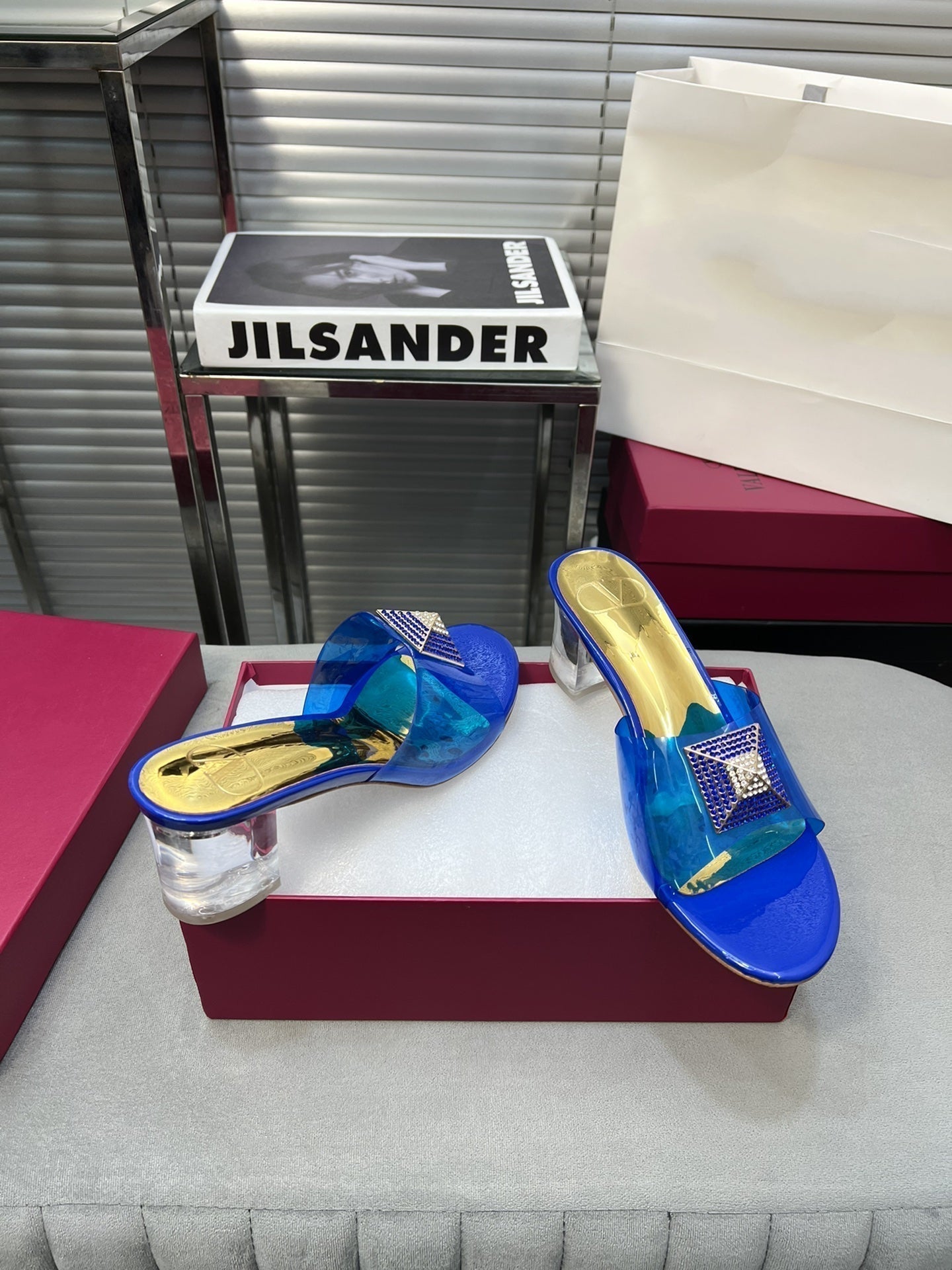 Heeled Sandals 6cm with Crystal Square Buckle Gold and Blue