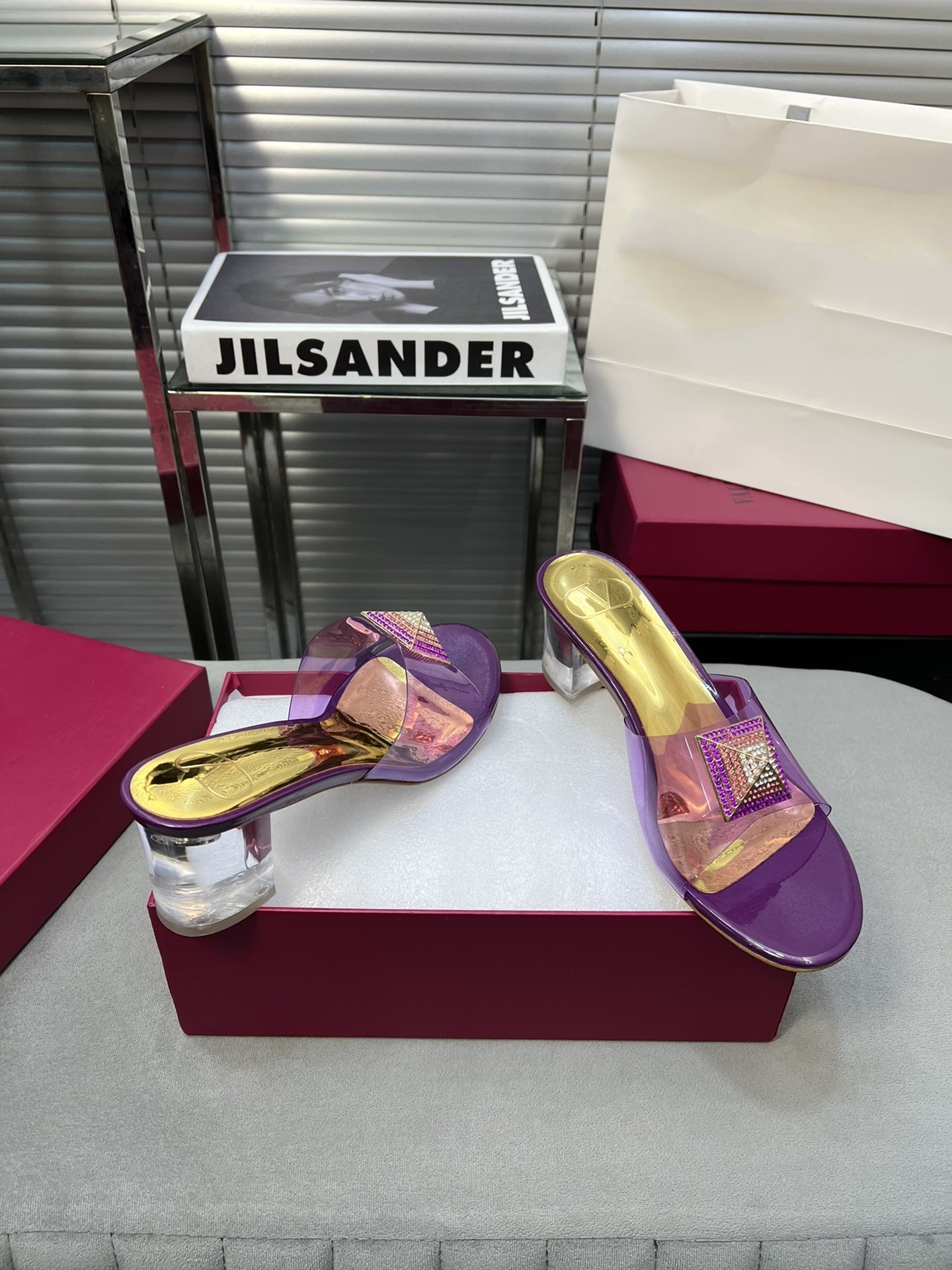 Heeled Sandals 6cm with Crystal Square Buckle Gold and Purple