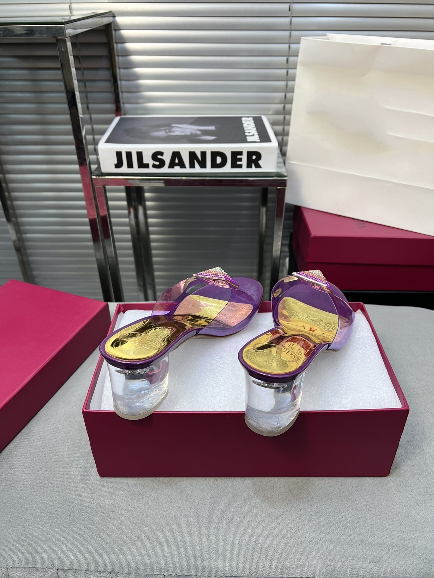 Heeled Sandals 6cm with Crystal Square Buckle Gold and Purple