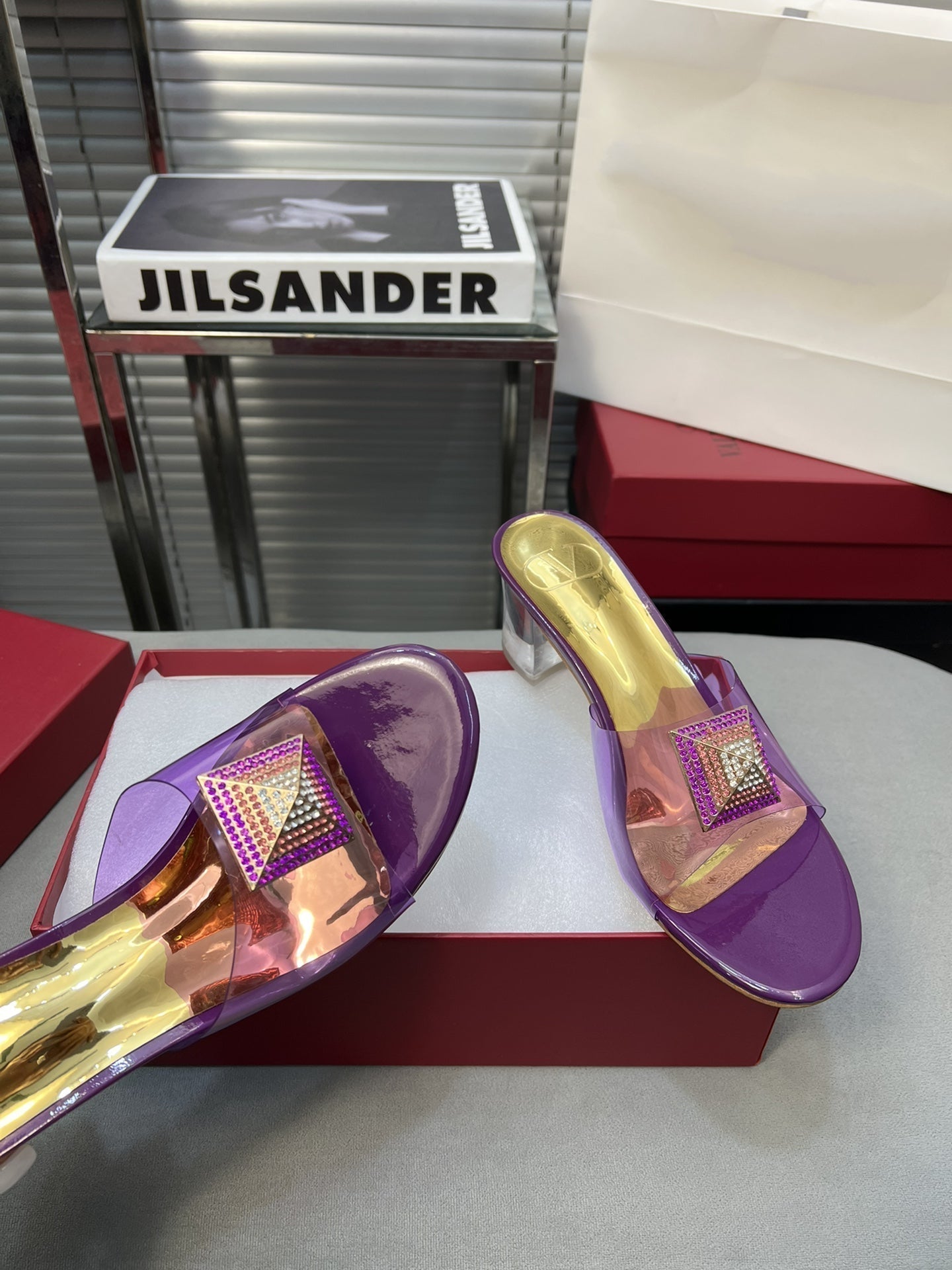 Heeled Sandals 6cm with Crystal Square Buckle Gold and Purple