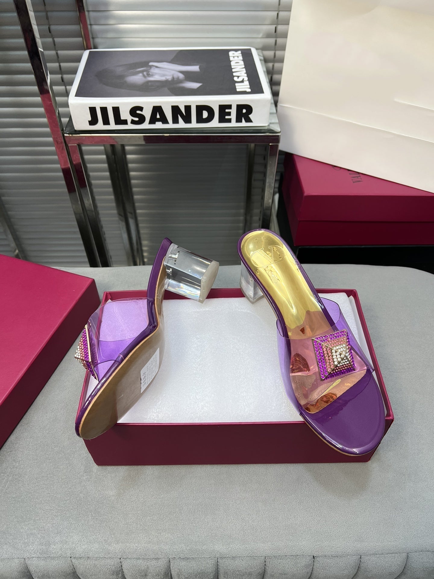 Heeled Sandals 6cm with Crystal Square Buckle Gold and Purple