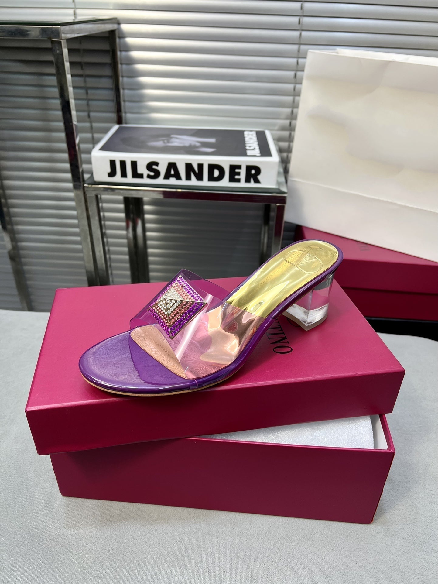 Heeled Sandals 6cm with Crystal Square Buckle Gold and Purple