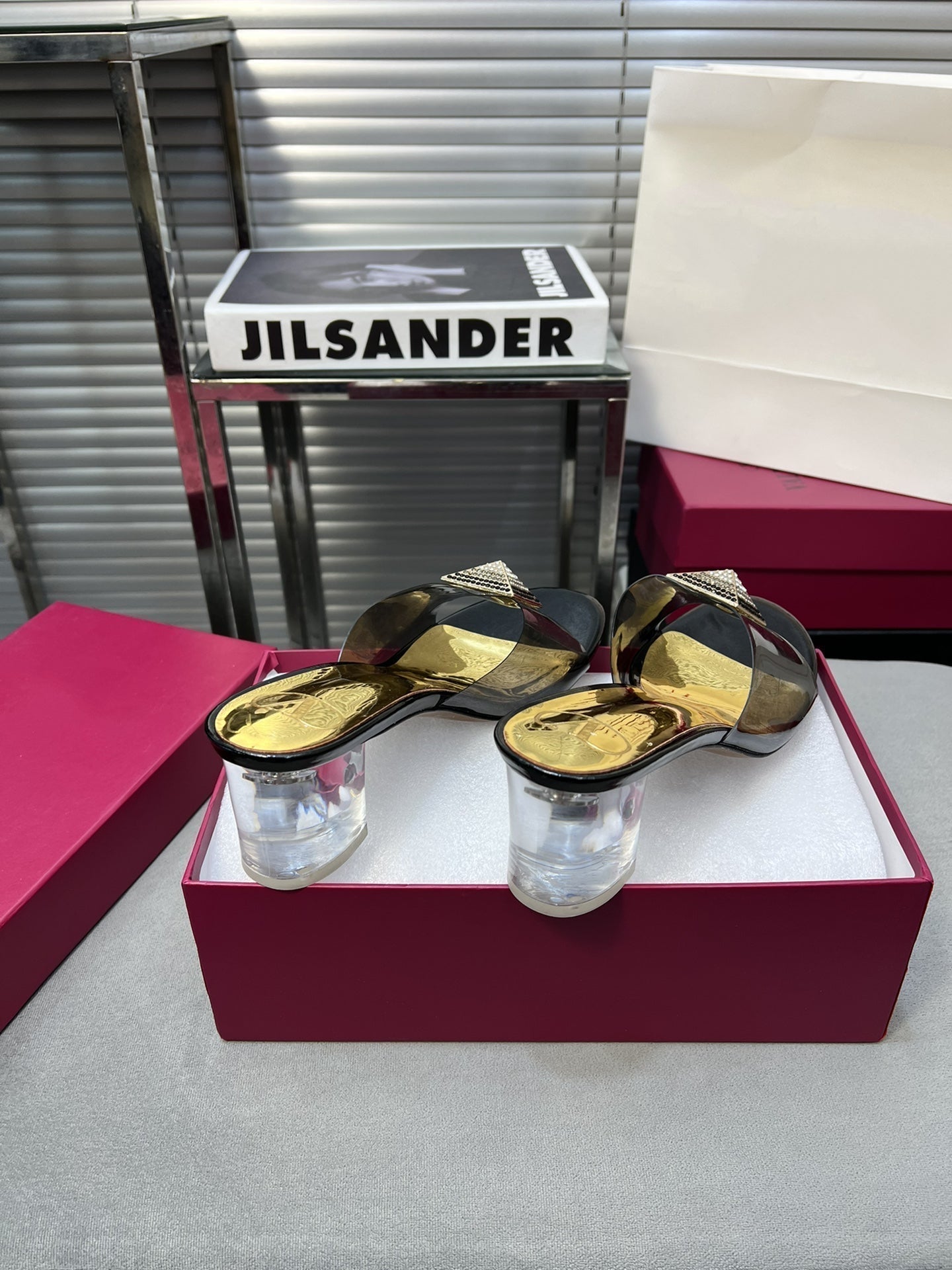 Heeled Sandals 6cm with Crystal Square Buckle Gold and Black