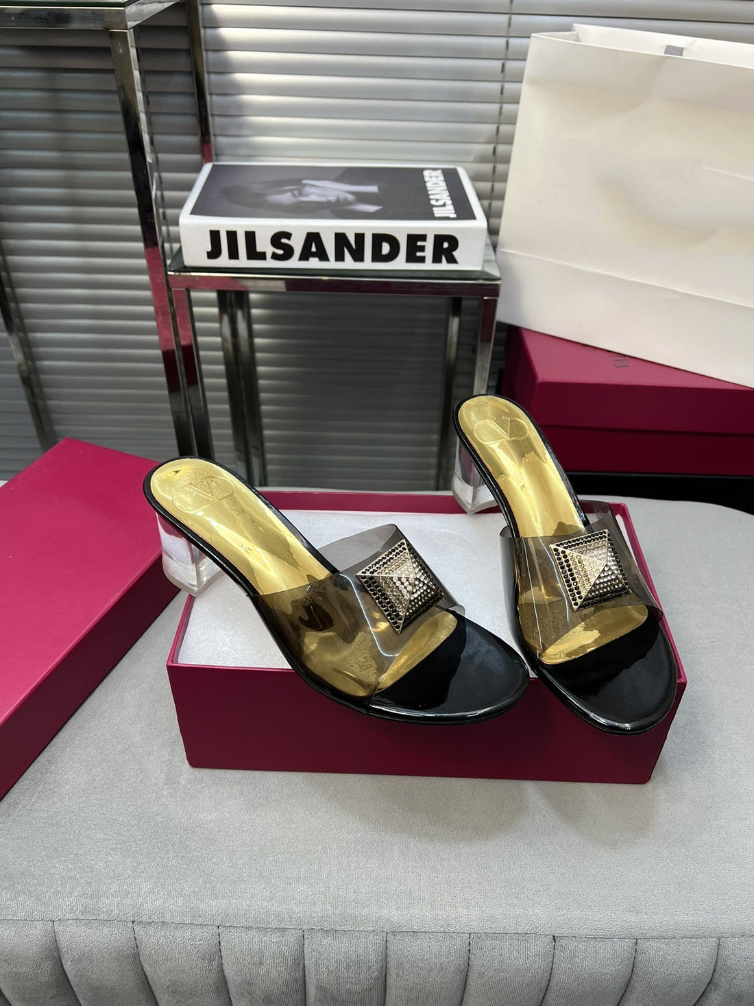 Heeled Sandals 6cm with Crystal Square Buckle Gold and Black