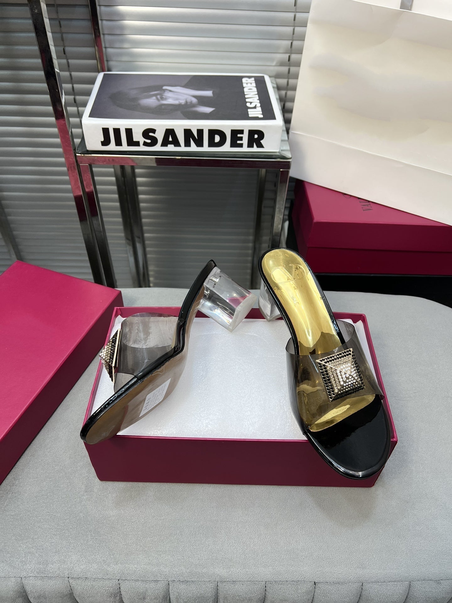 Heeled Sandals 6cm with Crystal Square Buckle Gold and Black