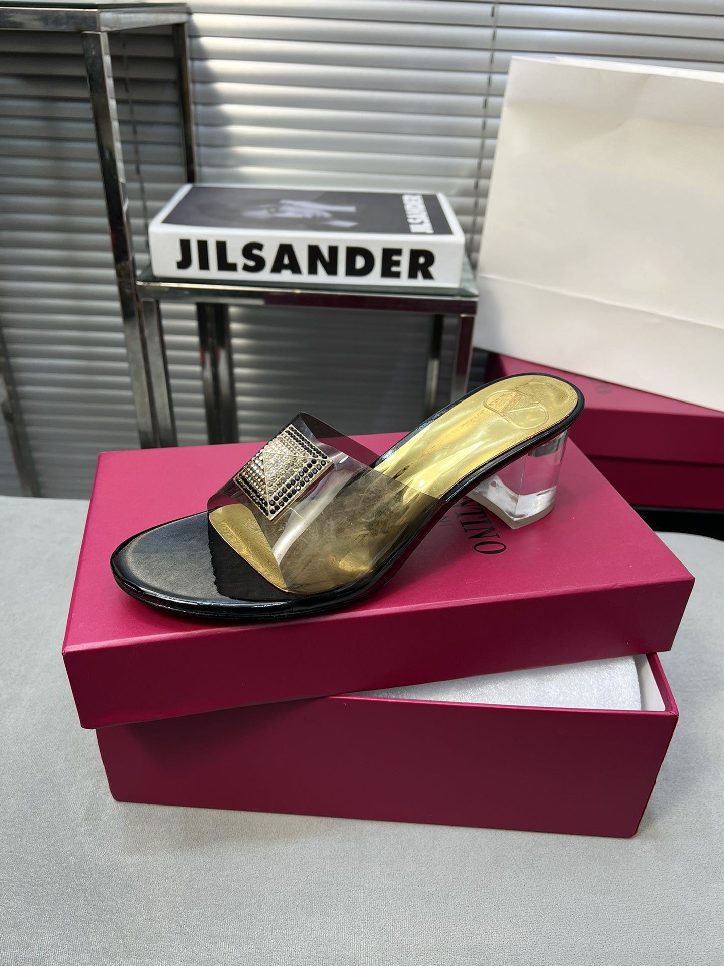 Heeled Sandals 6cm with Crystal Square Buckle Gold and Black