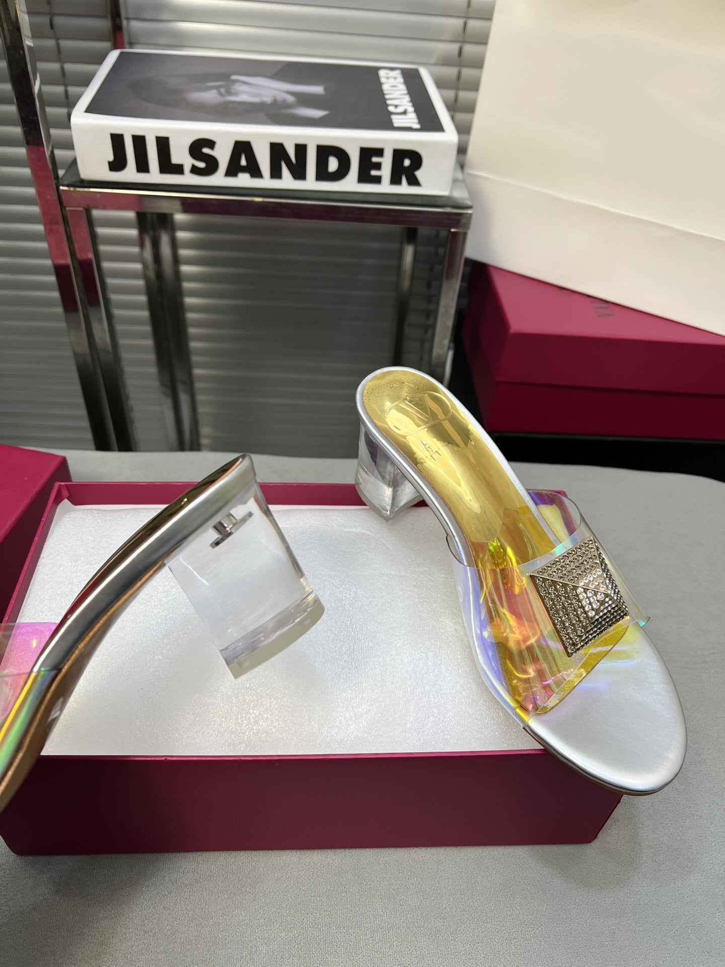 Heeled Sandals 6cm with Crystal Square Buckle Gold and Silver