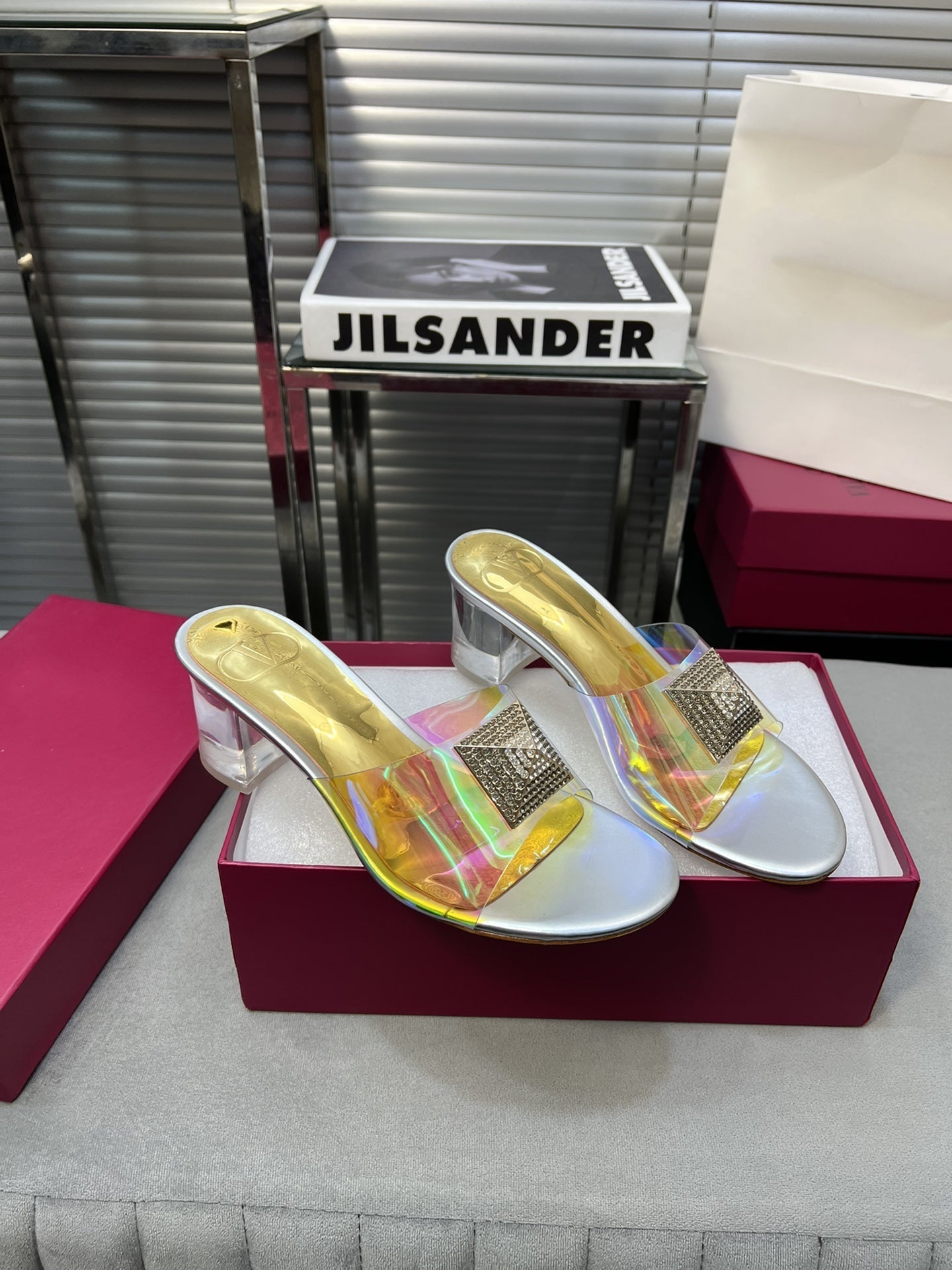 Heeled Sandals 6cm with Crystal Square Buckle Gold and Silver