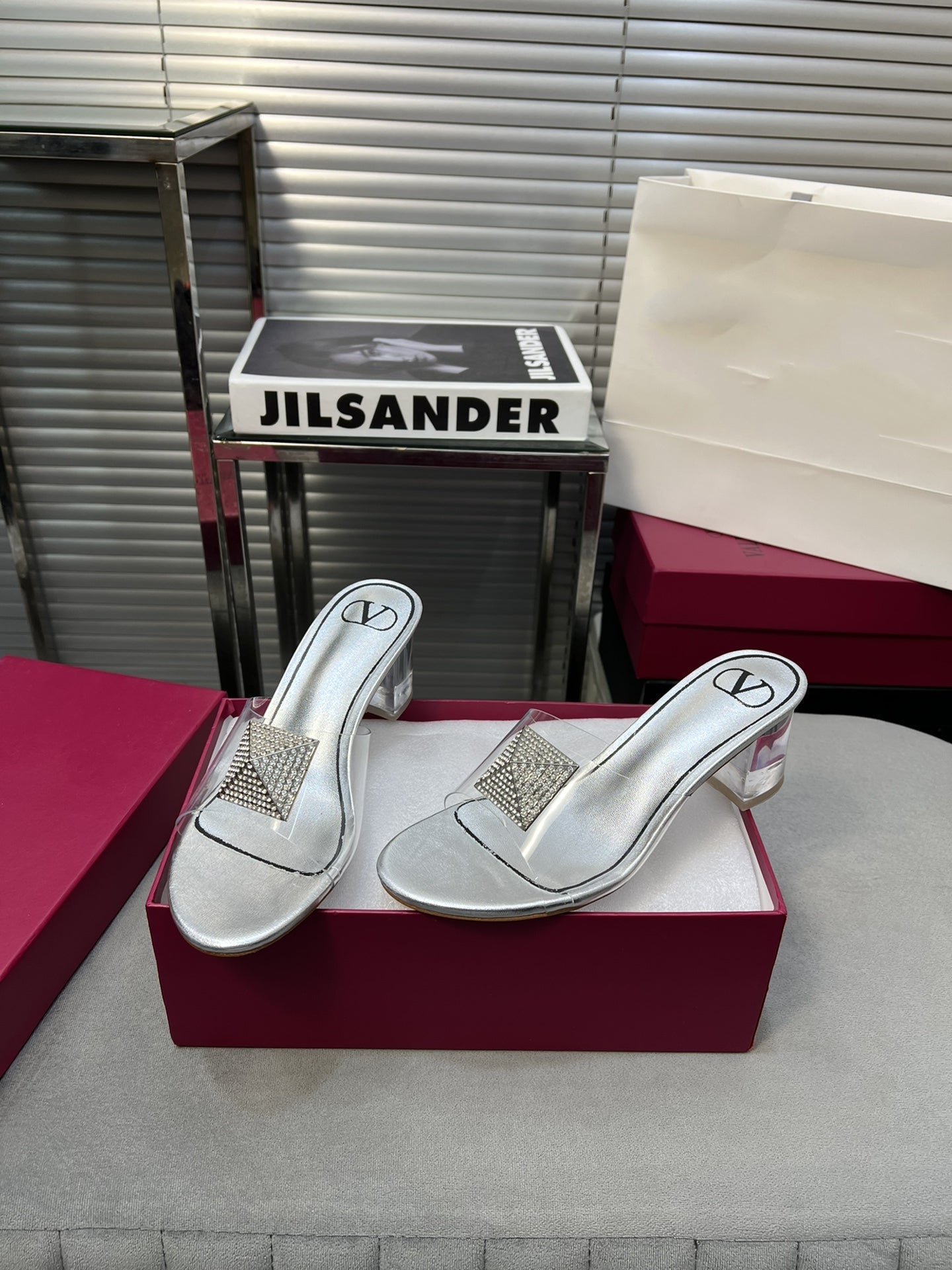 Heeled Sandals 6cm with Crystal Square Buckle Silver