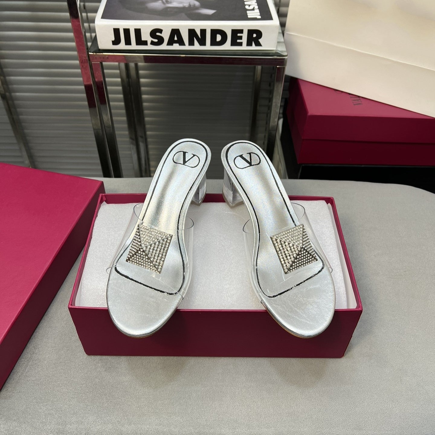 Heeled Sandals 6cm with Crystal Square Buckle Silver