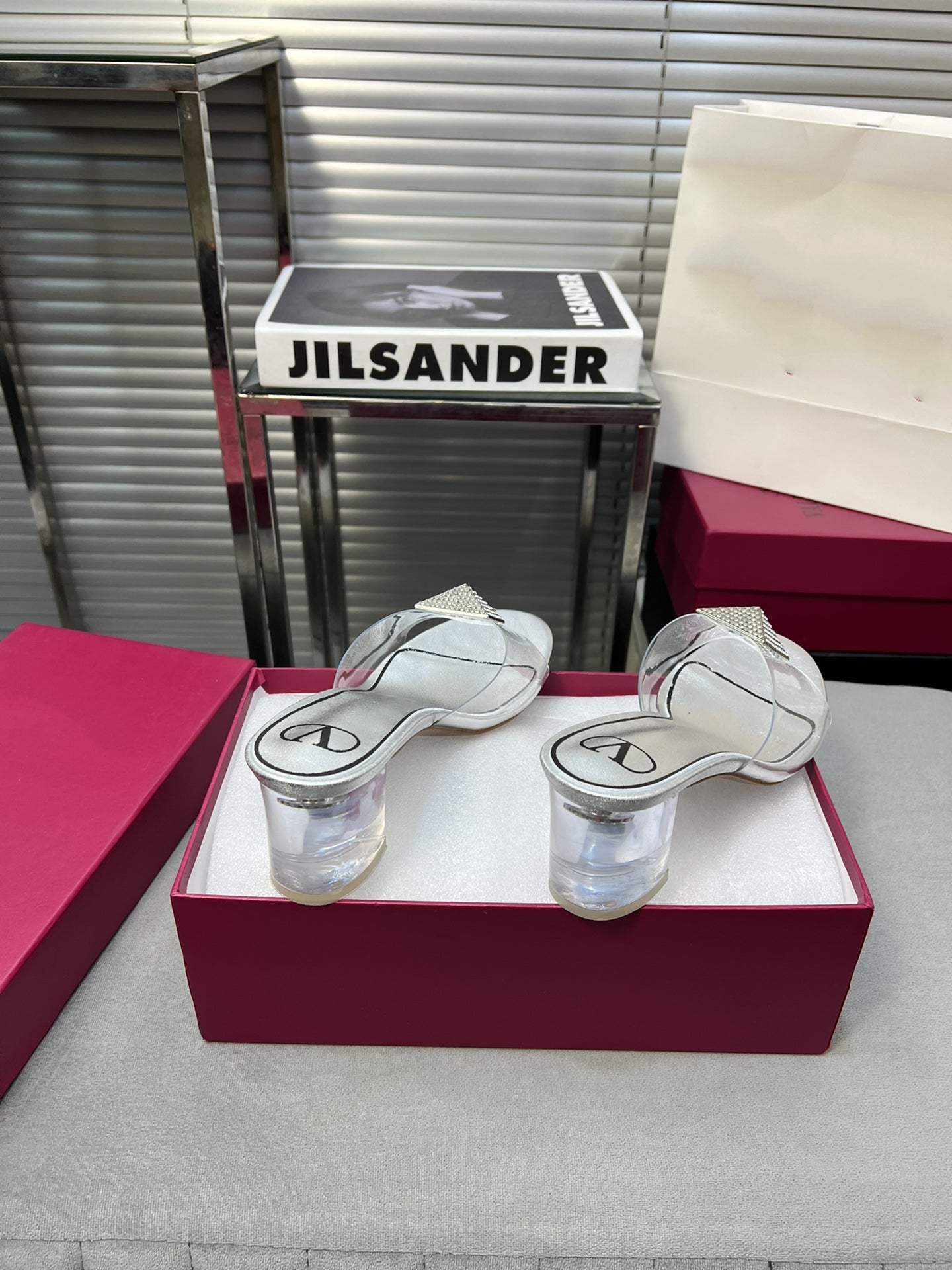 Heeled Sandals 6cm with Crystal Square Buckle Silver