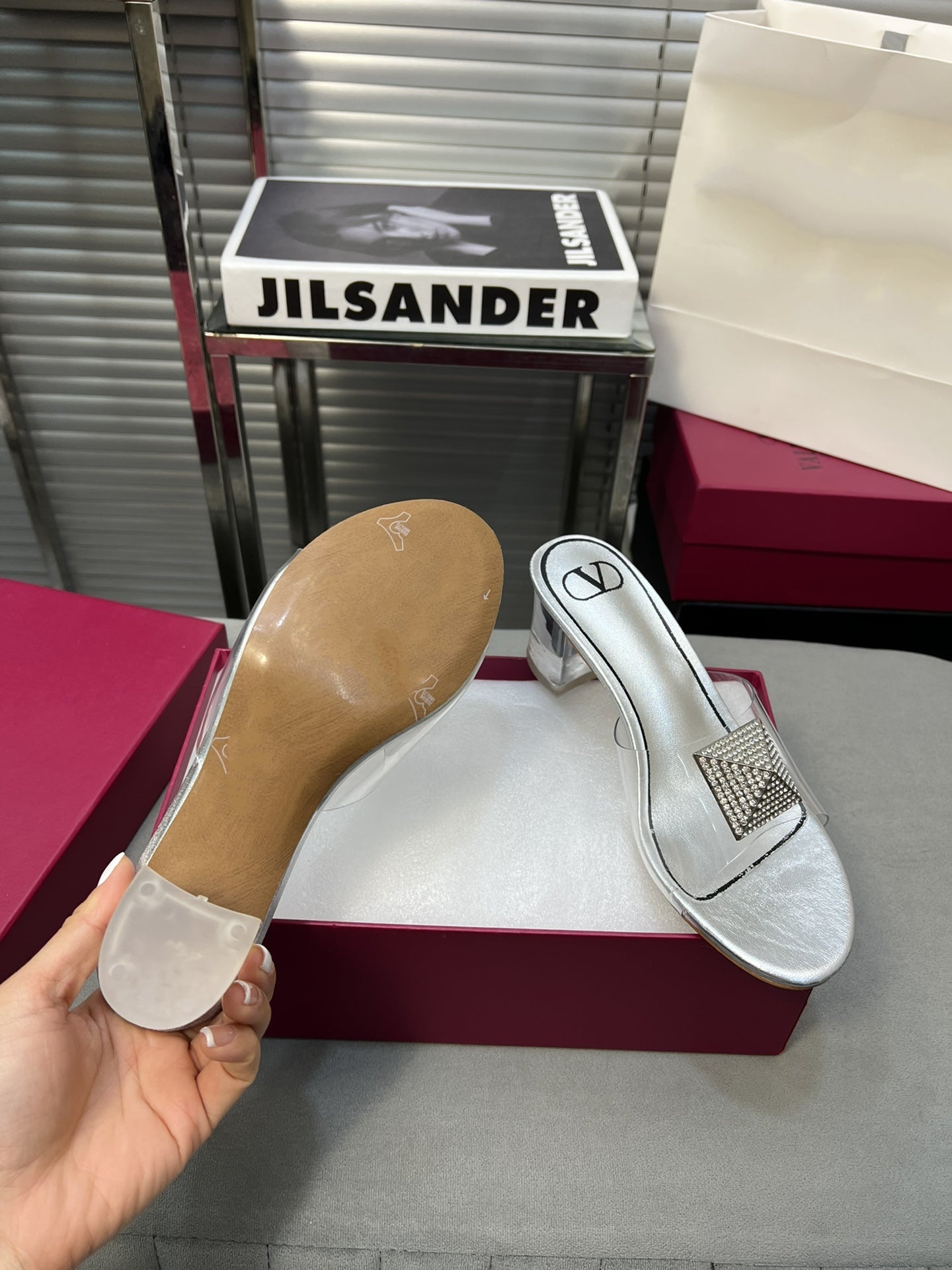 Heeled Sandals 6cm with Crystal Square Buckle Silver