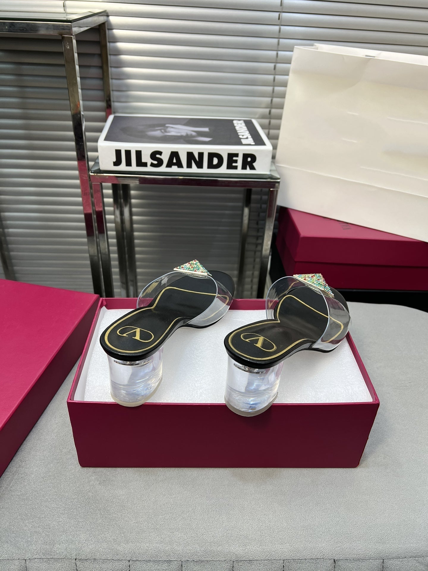 Heeled Sandals 6cm with Crystal Square Buckle Black