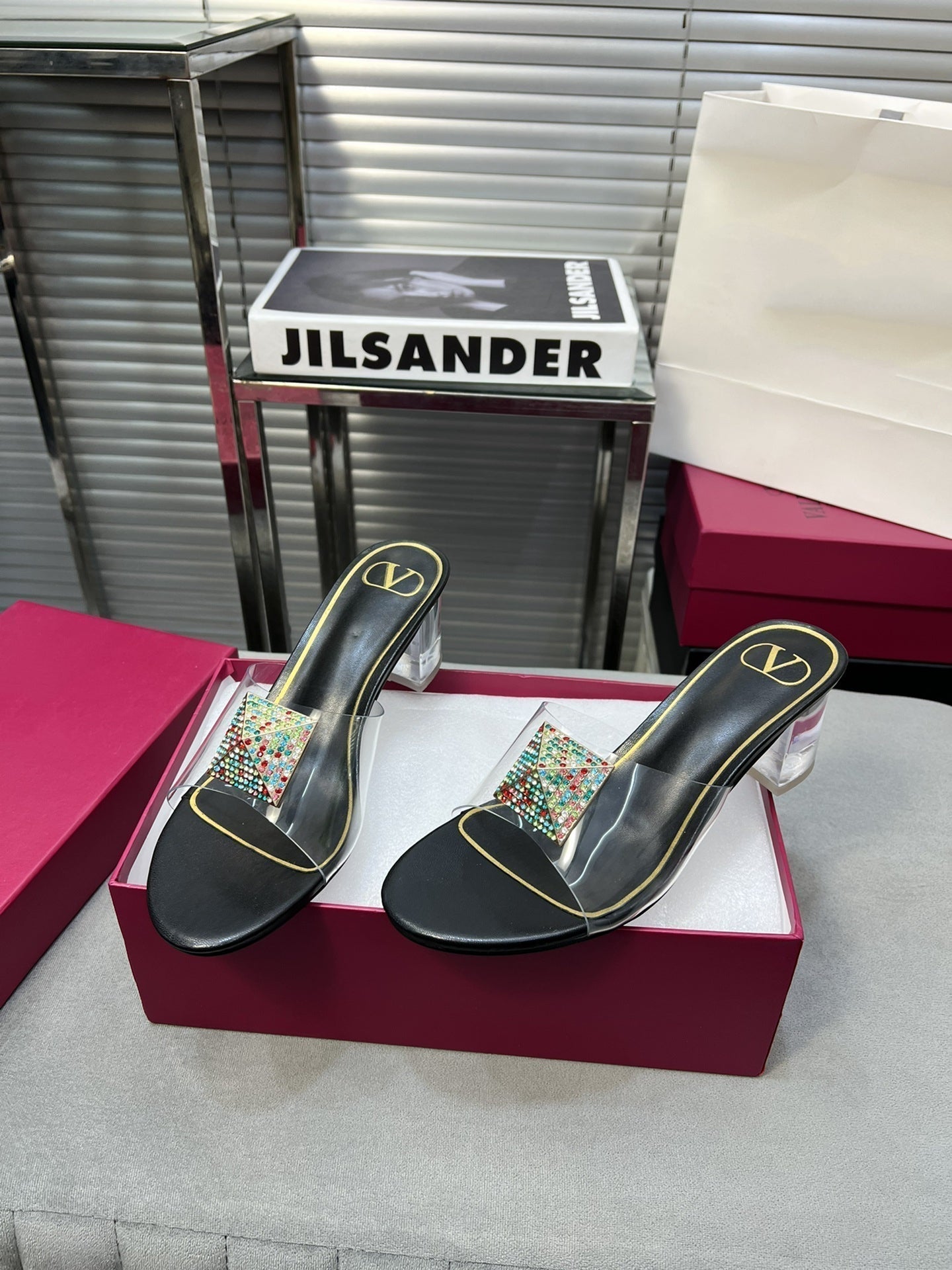 Heeled Sandals 6cm with Crystal Square Buckle Black