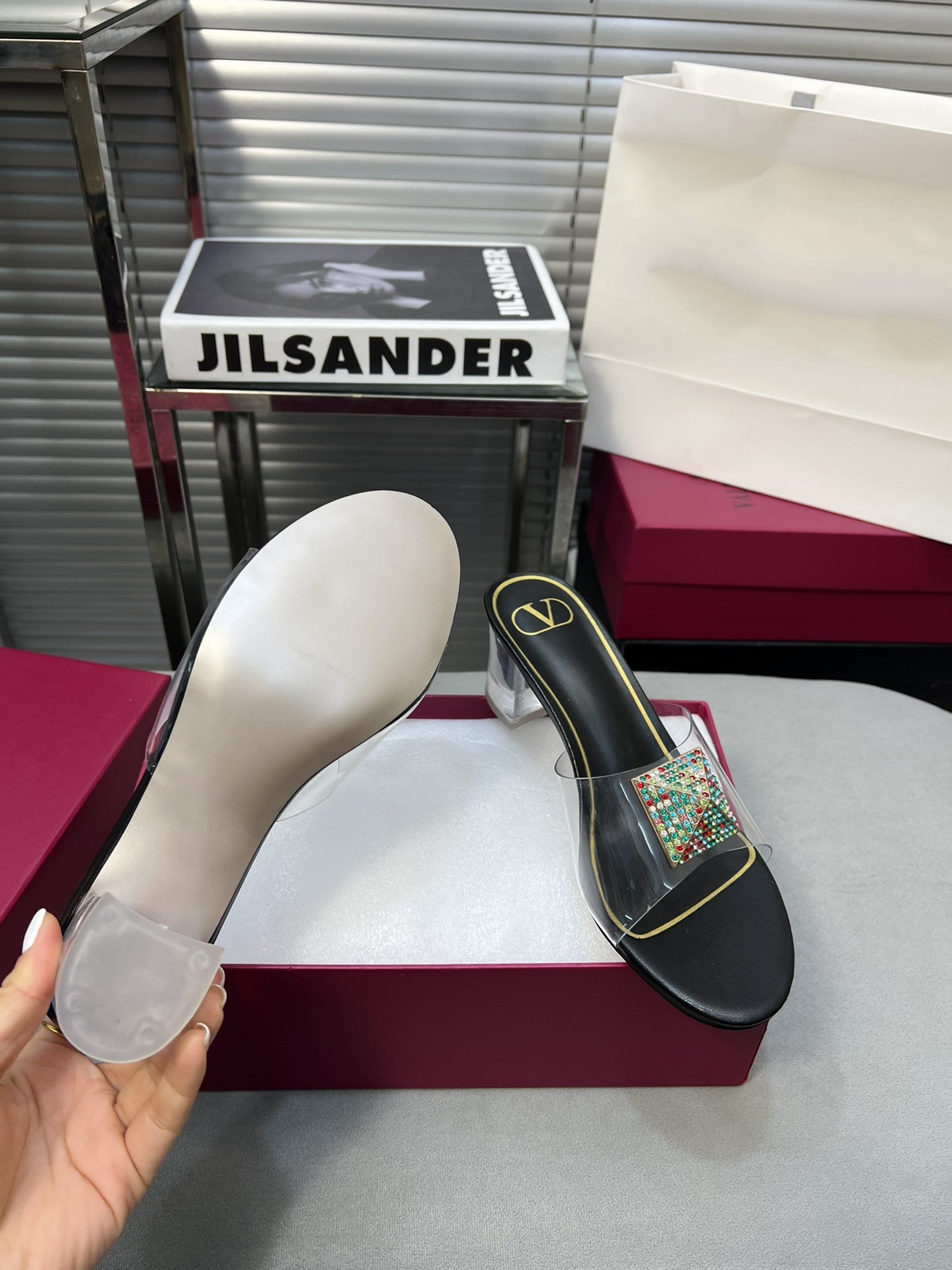 Heeled Sandals 6cm with Crystal Square Buckle Black