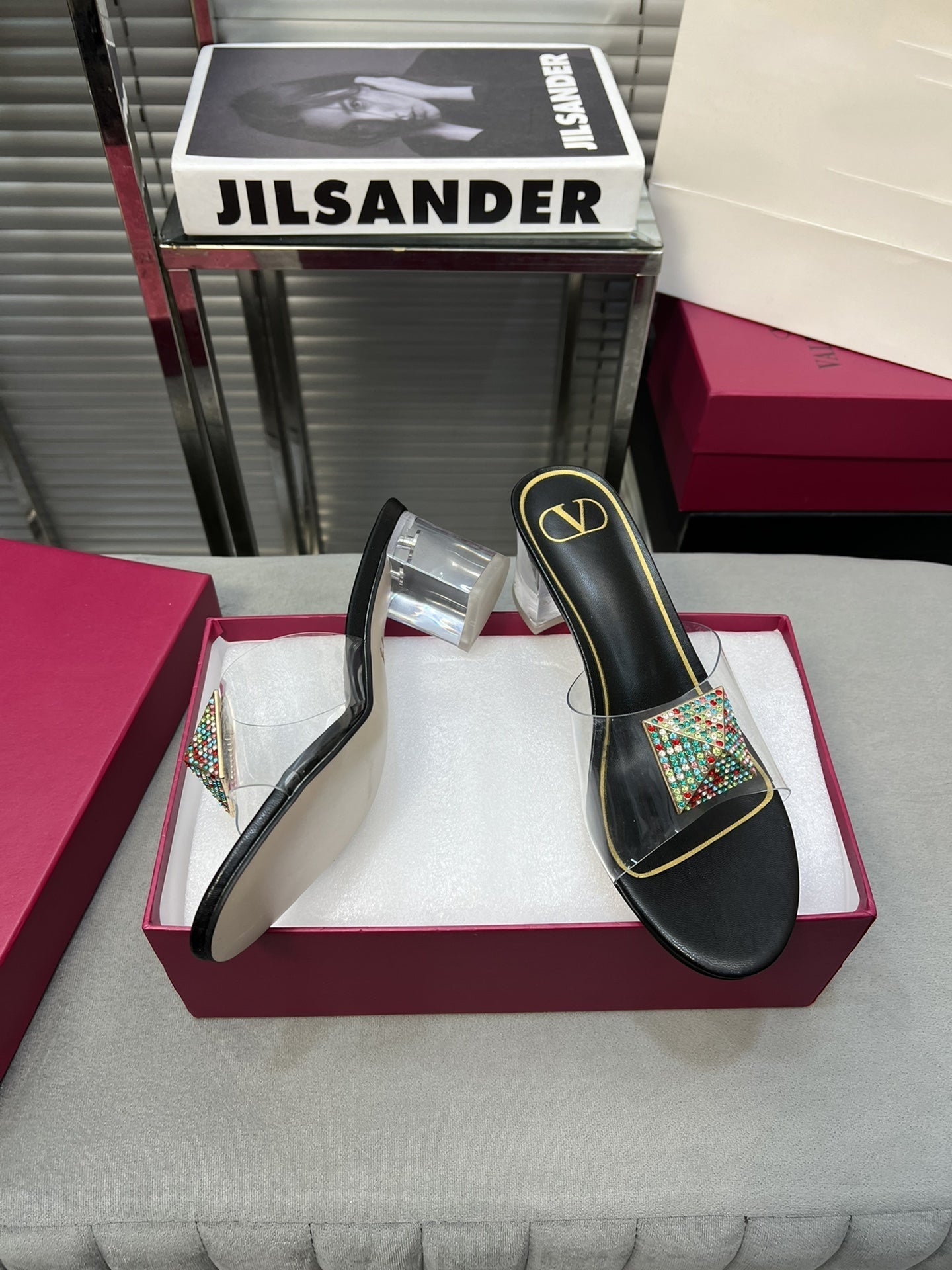 Heeled Sandals 6cm with Crystal Square Buckle Black