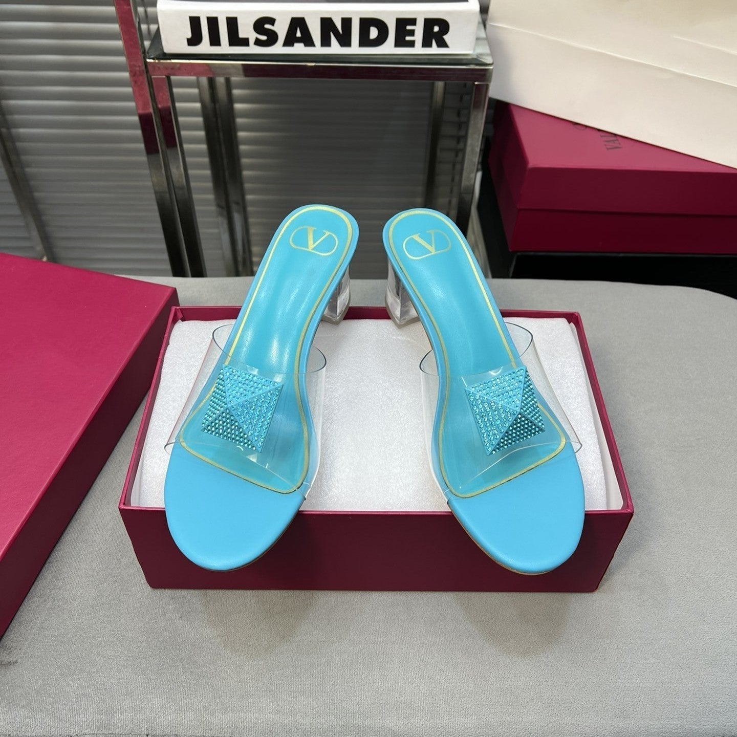 Heeled Sandals 6cm with Crystal Square Buckle Blue Sky