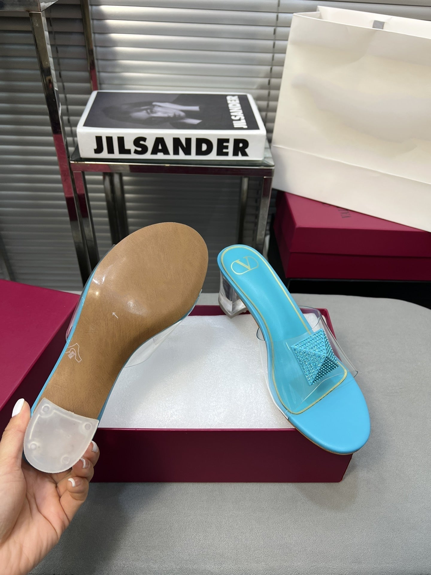 Heeled Sandals 6cm with Crystal Square Buckle Blue Sky