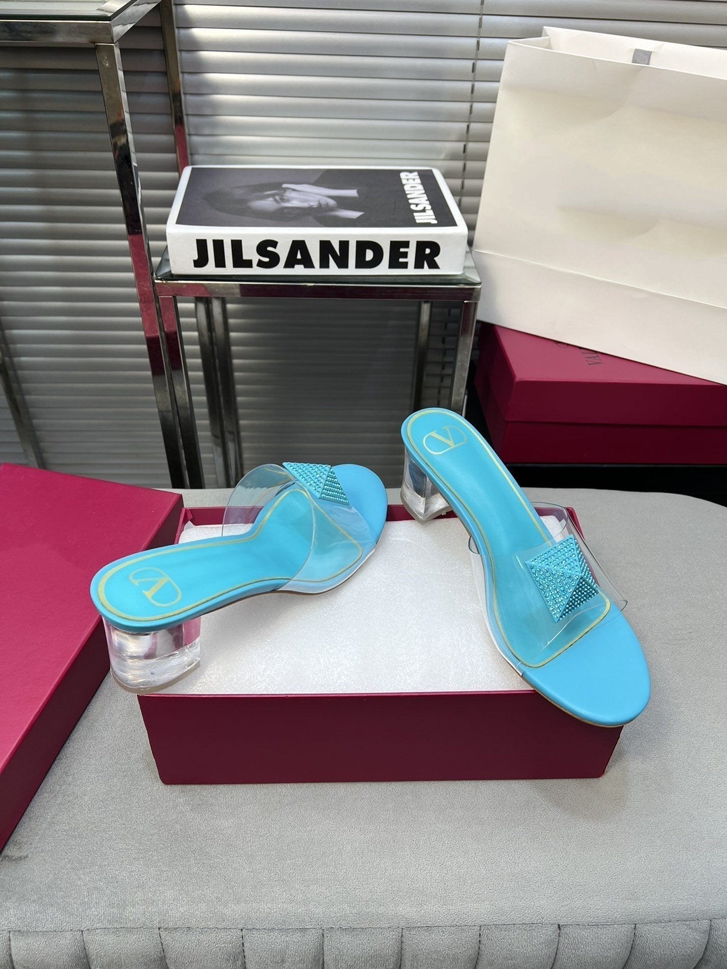 Heeled Sandals 6cm with Crystal Square Buckle Blue Sky