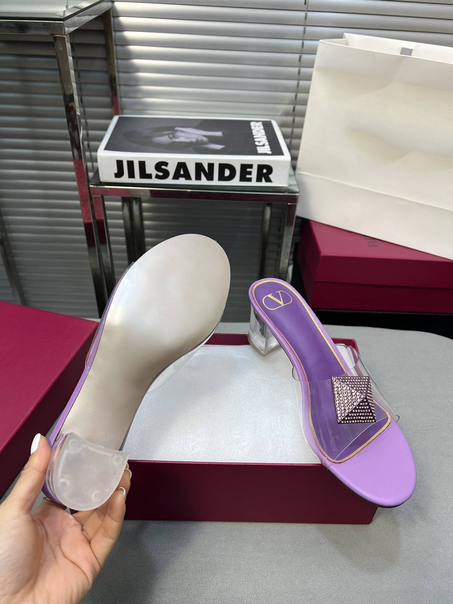 Heeled Sandals 6cm with Crystal Square Buckle Purple