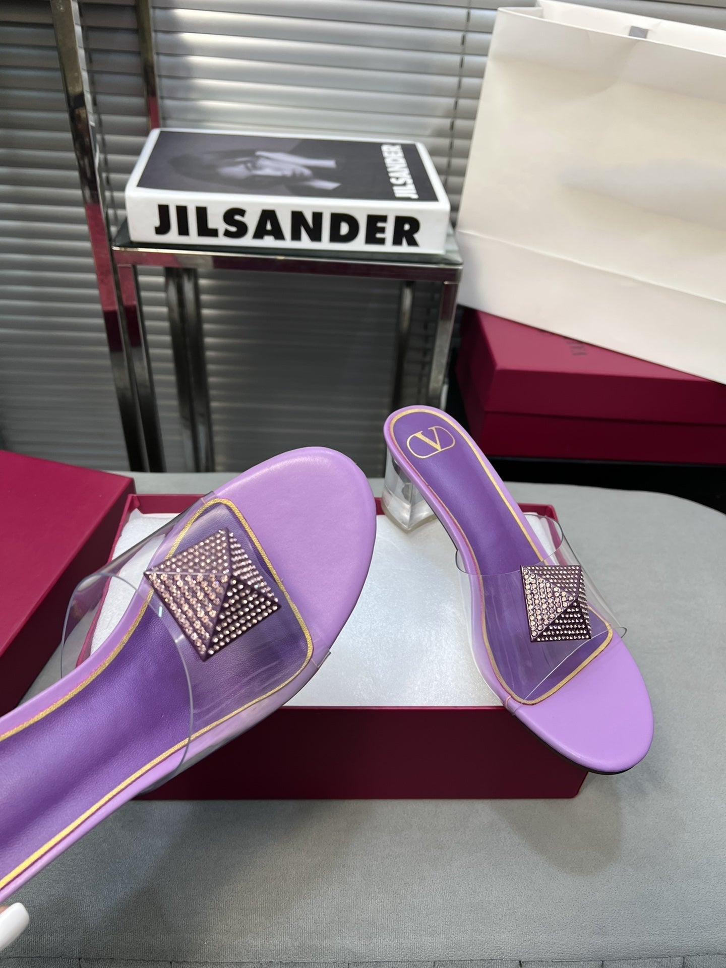 Heeled Sandals 6cm with Crystal Square Buckle Purple