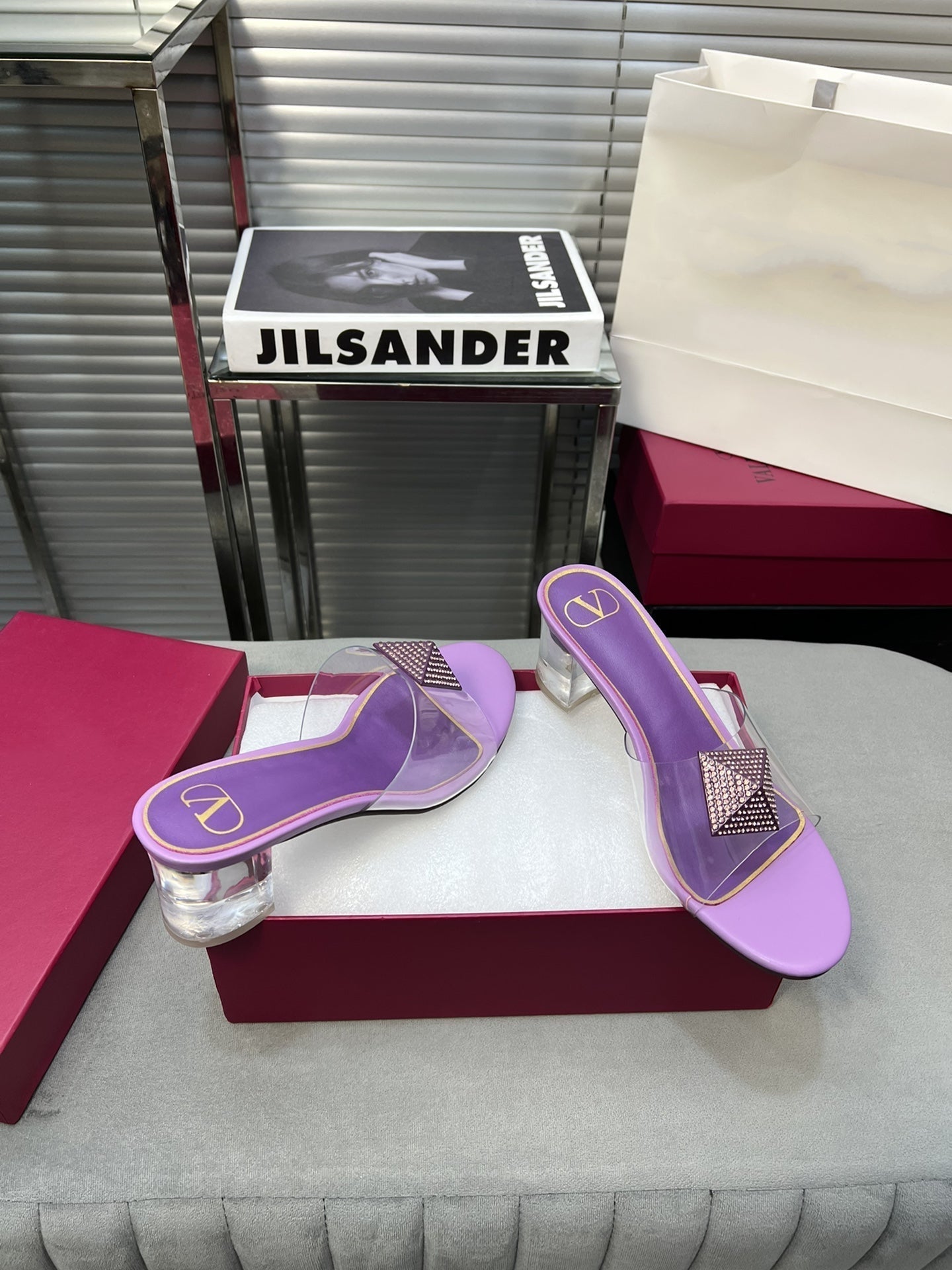 Heeled Sandals 6cm with Crystal Square Buckle Purple