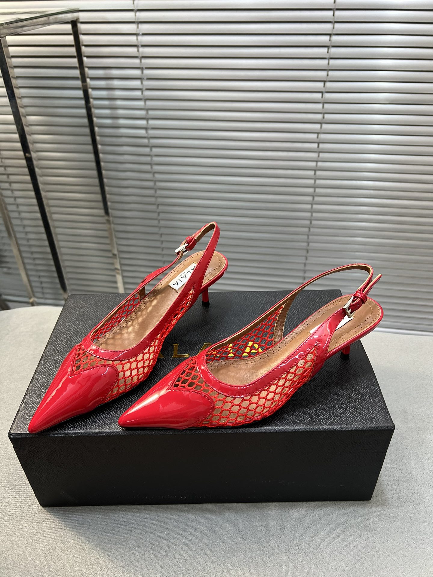 alaia high love slingback 55 fishnet red lambskin