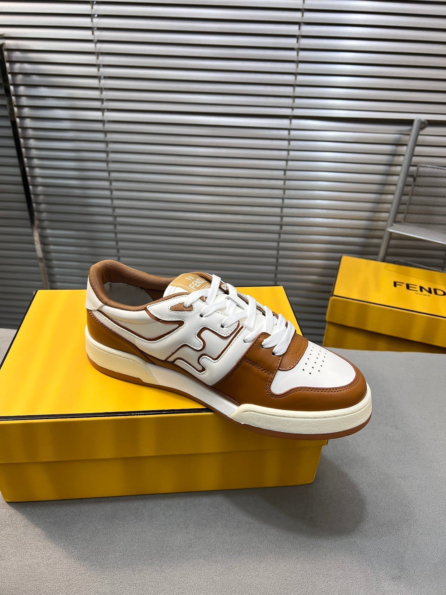 FENDI MATCH LOW TOPS IN RUSSET BROWN MIX WHITE CALFSKIN AND MESH