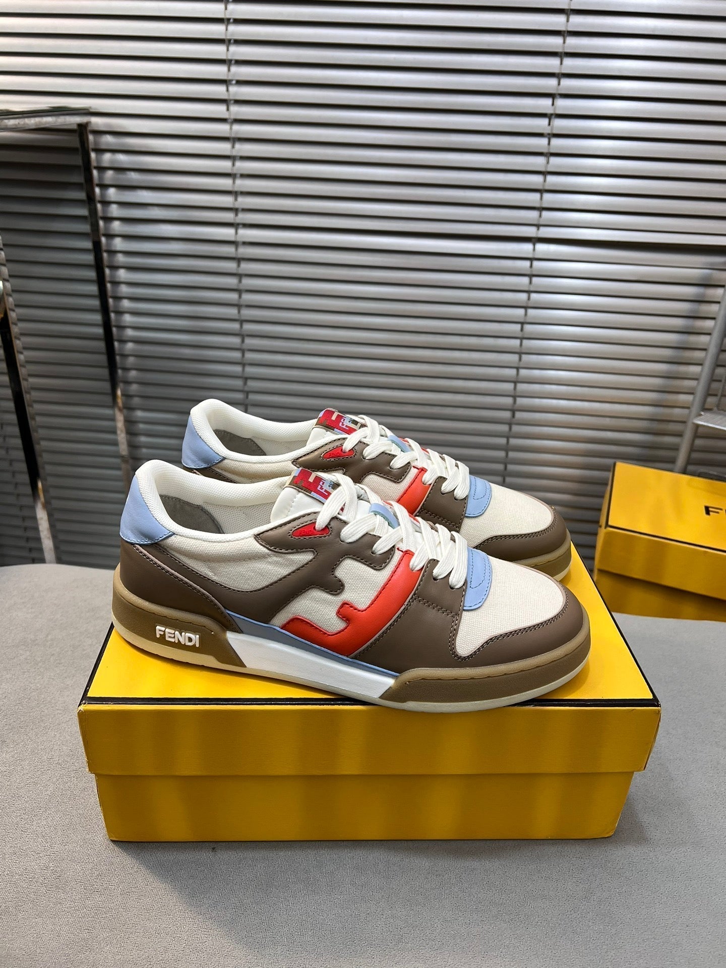 FENDI MATCH LOW TOPS IN COFFEE BROWN MIX WHITE CALFSKIN AND MESH