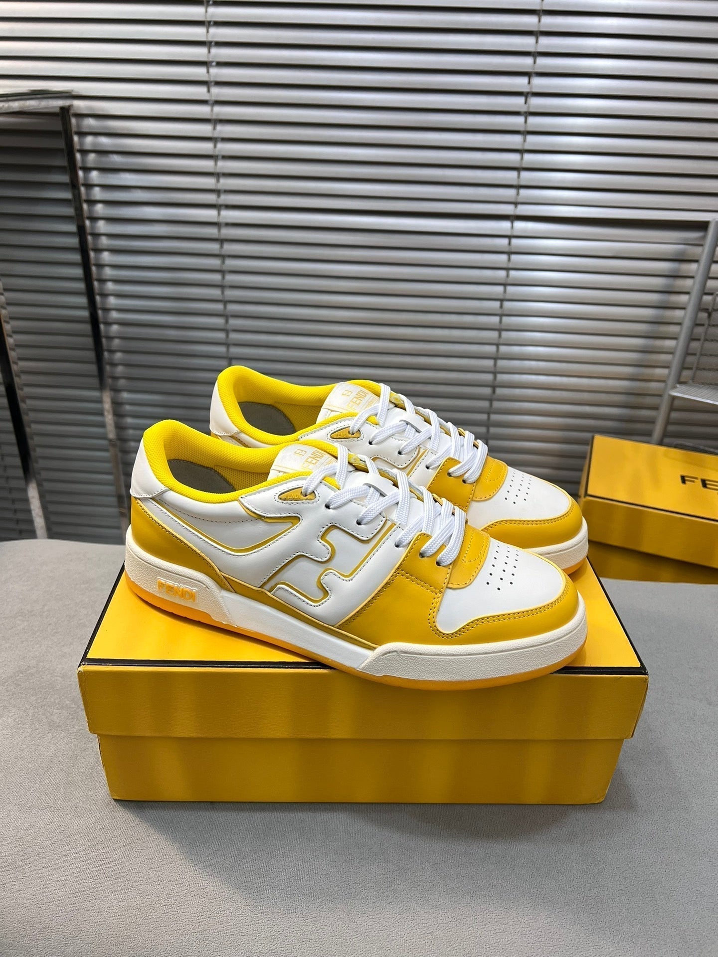 FENDI MATCH LOW TOPS IN BRIGHT YELLOW MIX WHITE CALFSKIN AND MESH