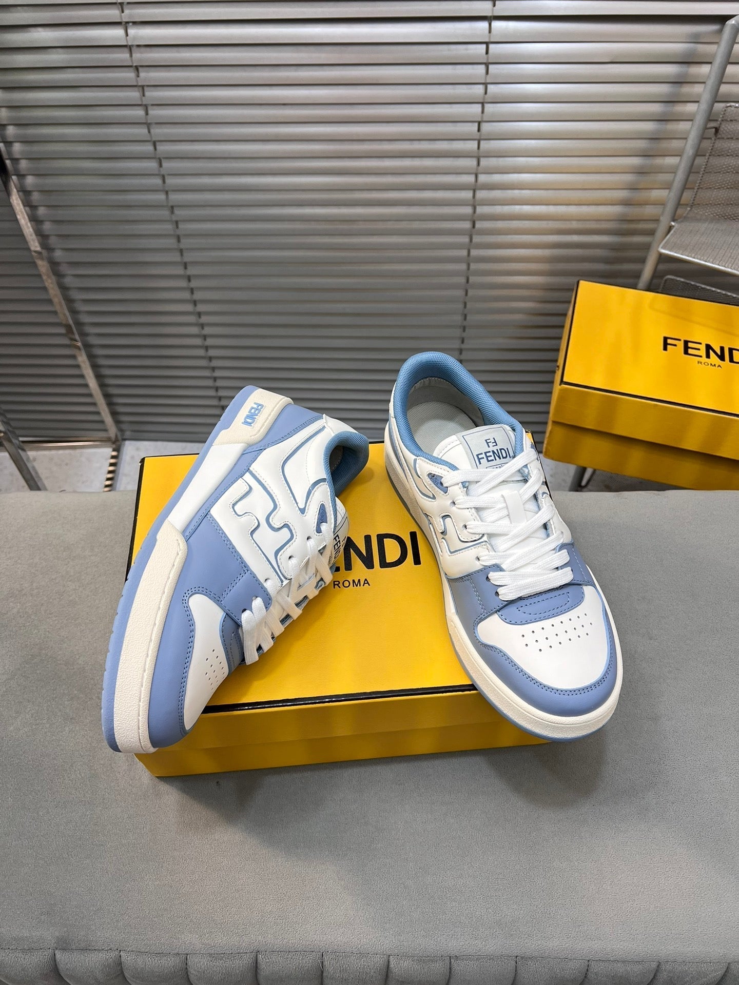 FENDI MATCH LOW TOPS IN CERULEAN BLUE MIX WHITE CALFSKIN AND MESH