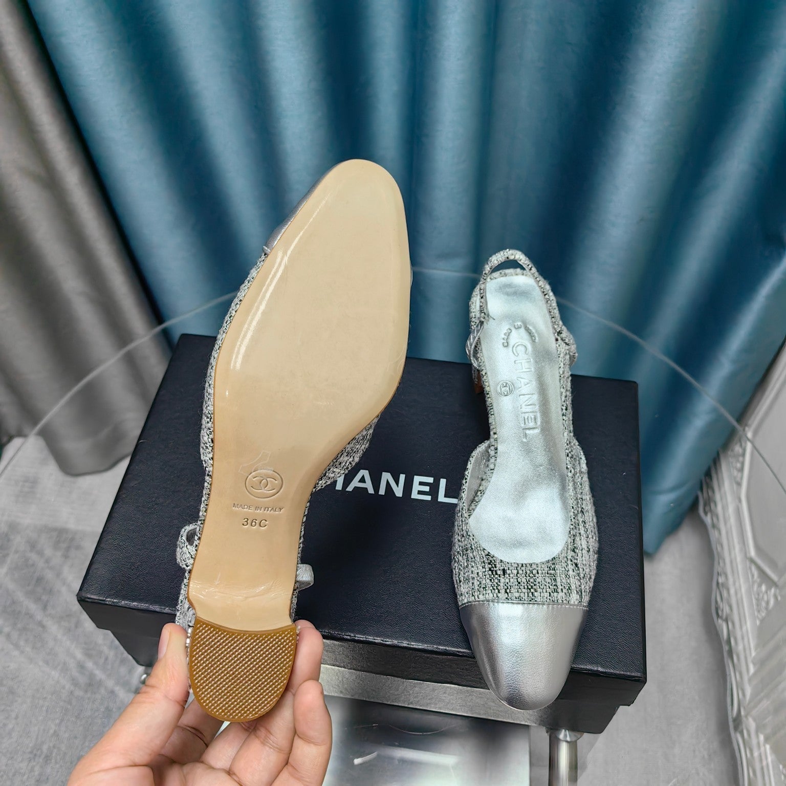 slingbacks 65 black white canvas silver metalic calfskin