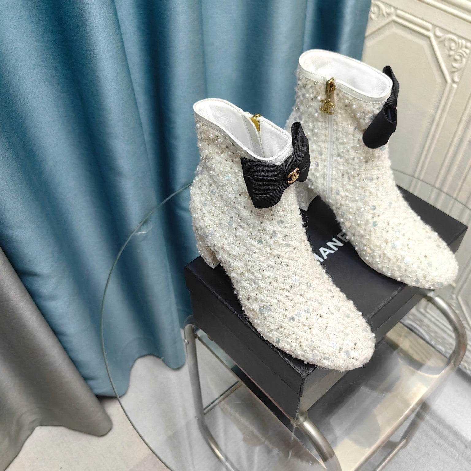 CC Ankle Boots White Bow Tweed Sequin Beaded Fabric