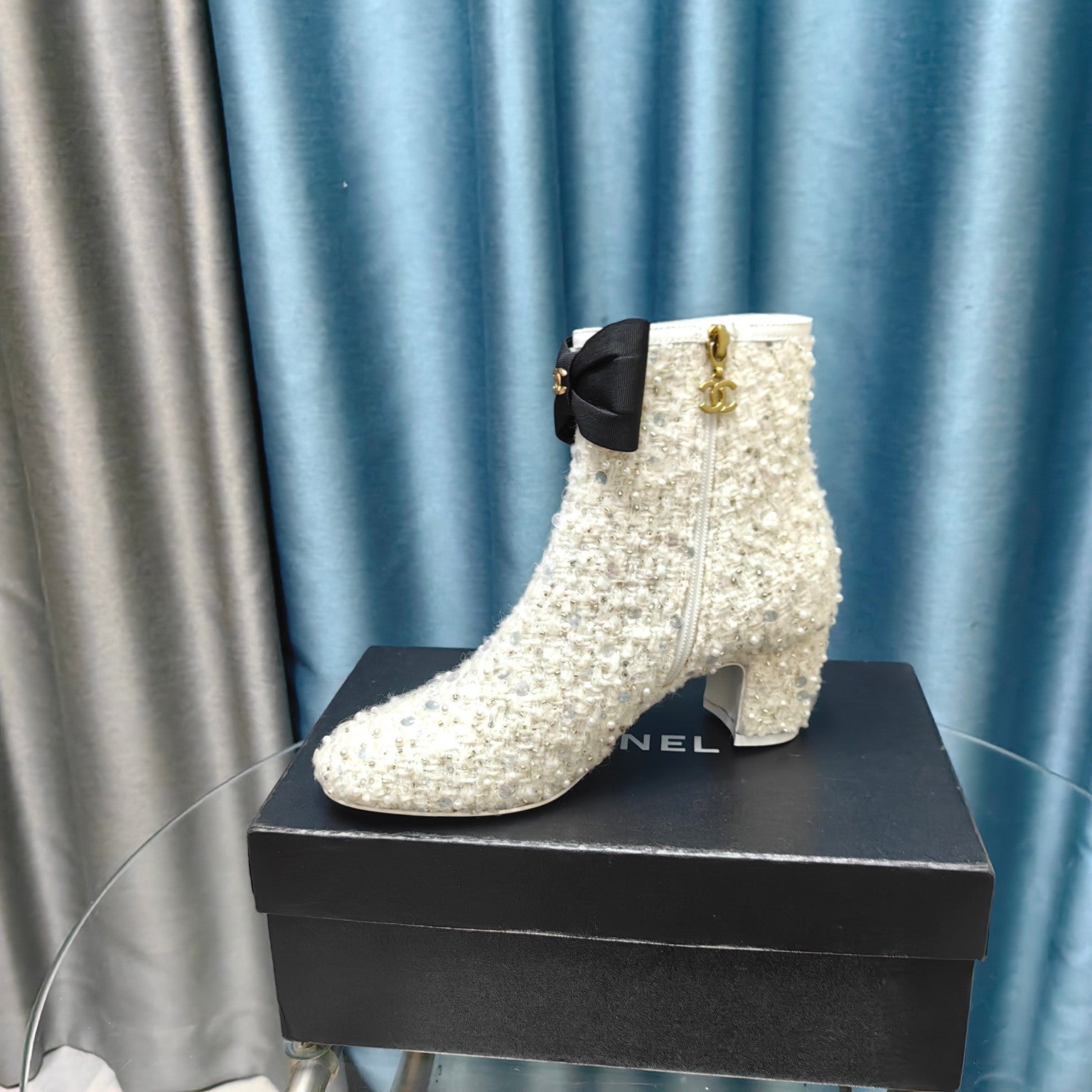 CC Ankle Boots White Bow Tweed Sequin Beaded Fabric