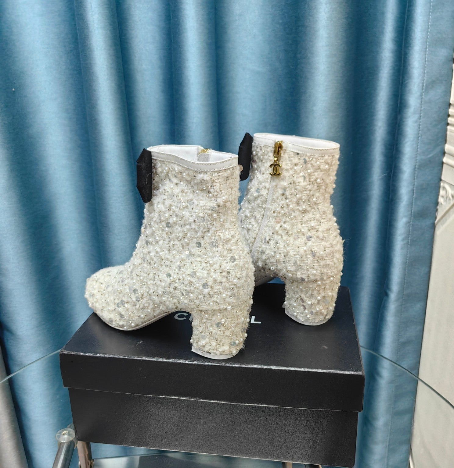 CC Ankle Boots White Bow Tweed Sequin Beaded Fabric