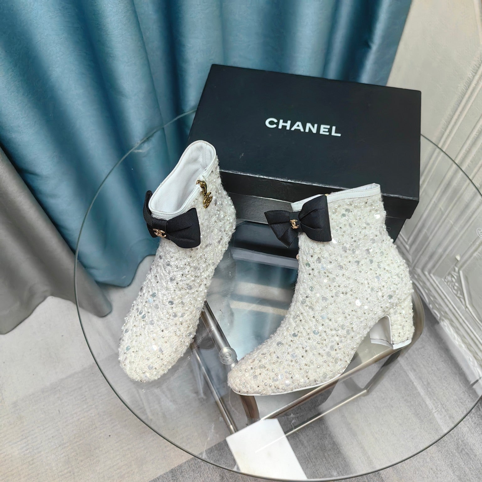 CC Ankle Boots White Bow Tweed Sequin Beaded Fabric