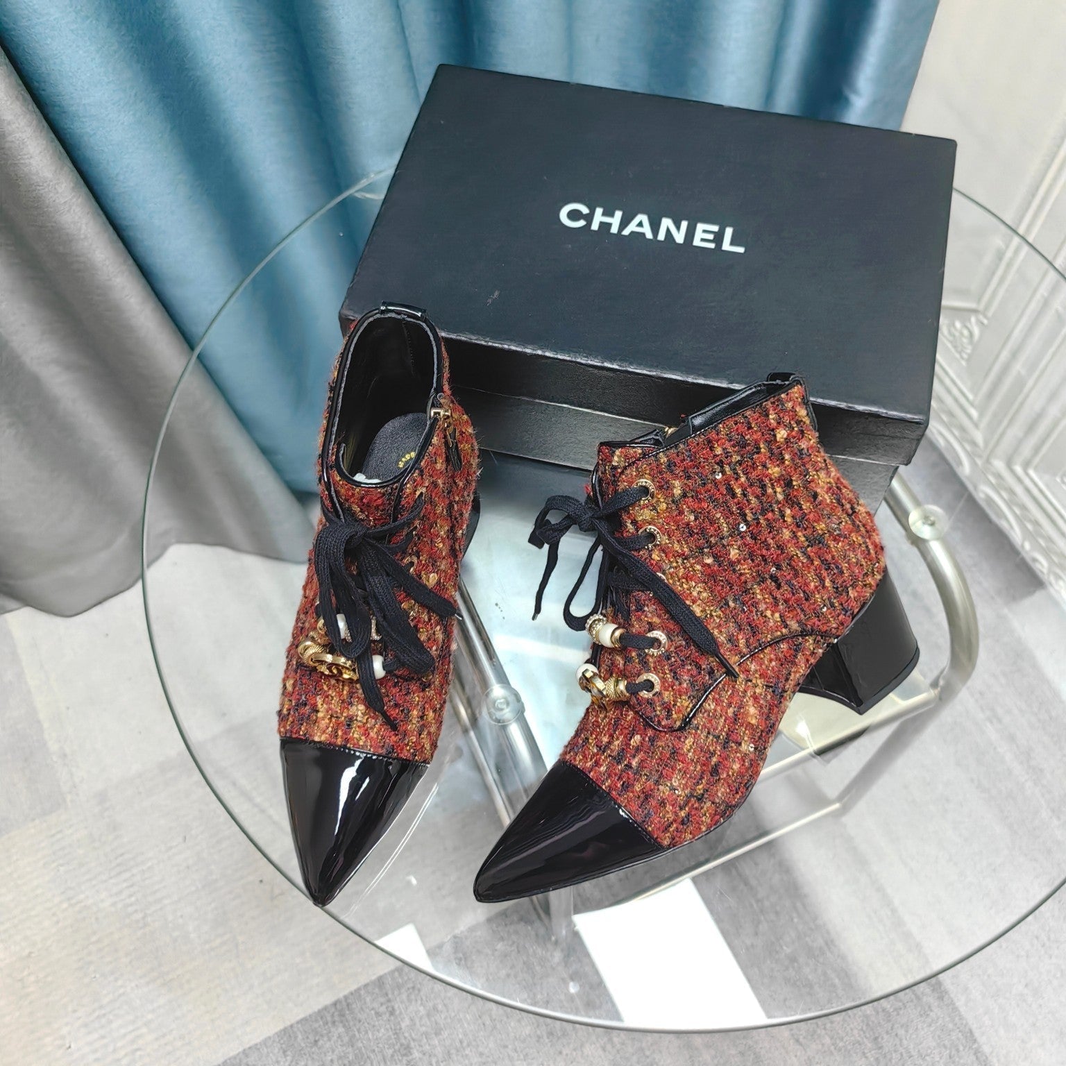 CC Ankle Boots Red Orange Tweed Fabric And Lambskin