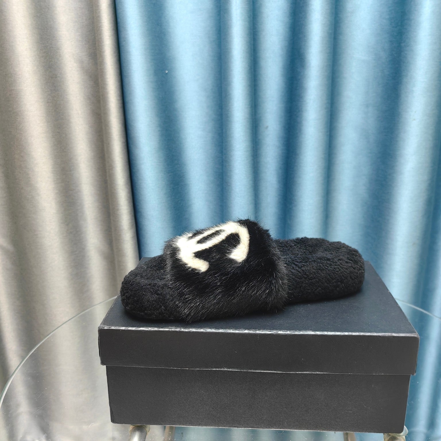 CC Slippers Black White Text Fleece Wool