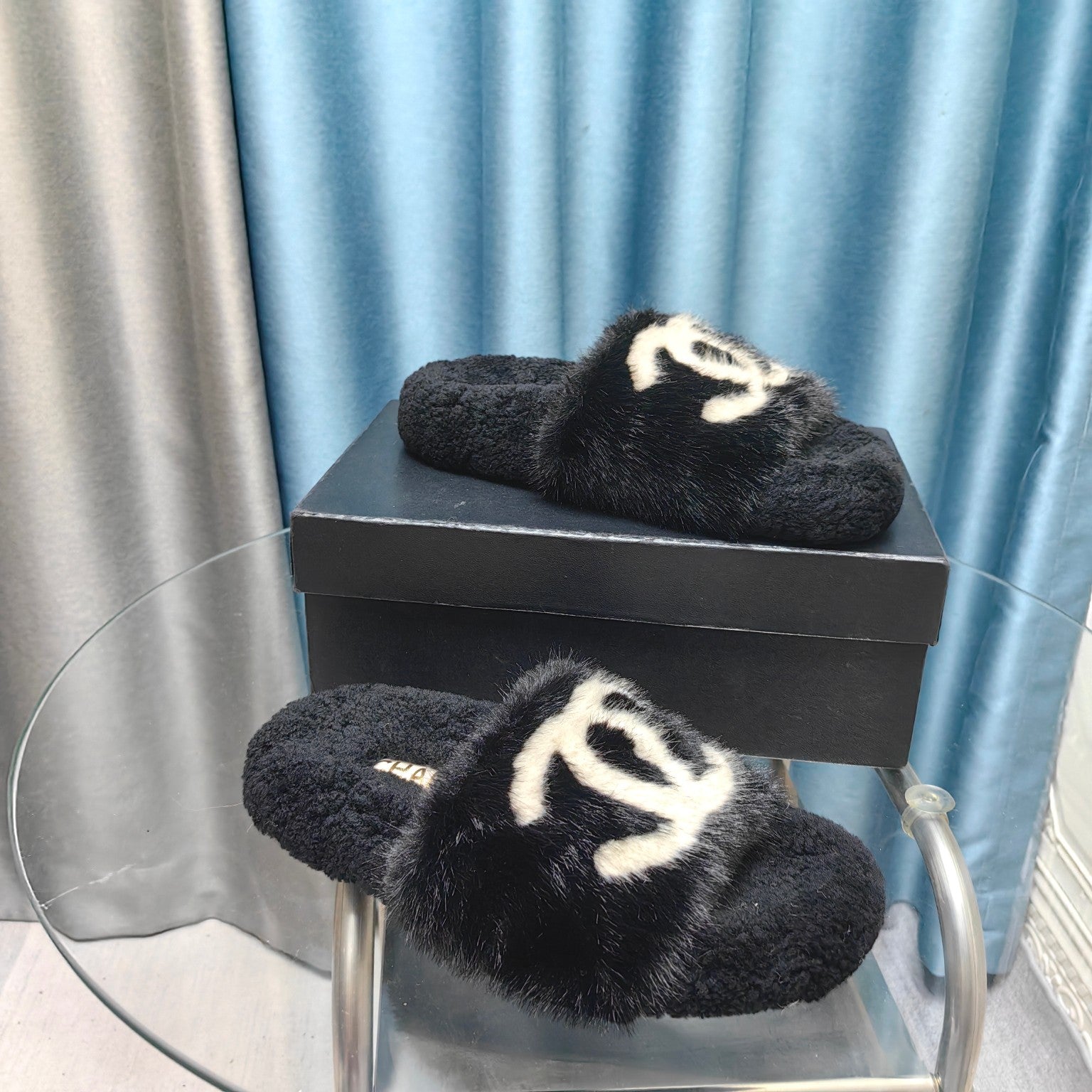 CC Slippers Black White Text Fleece Wool