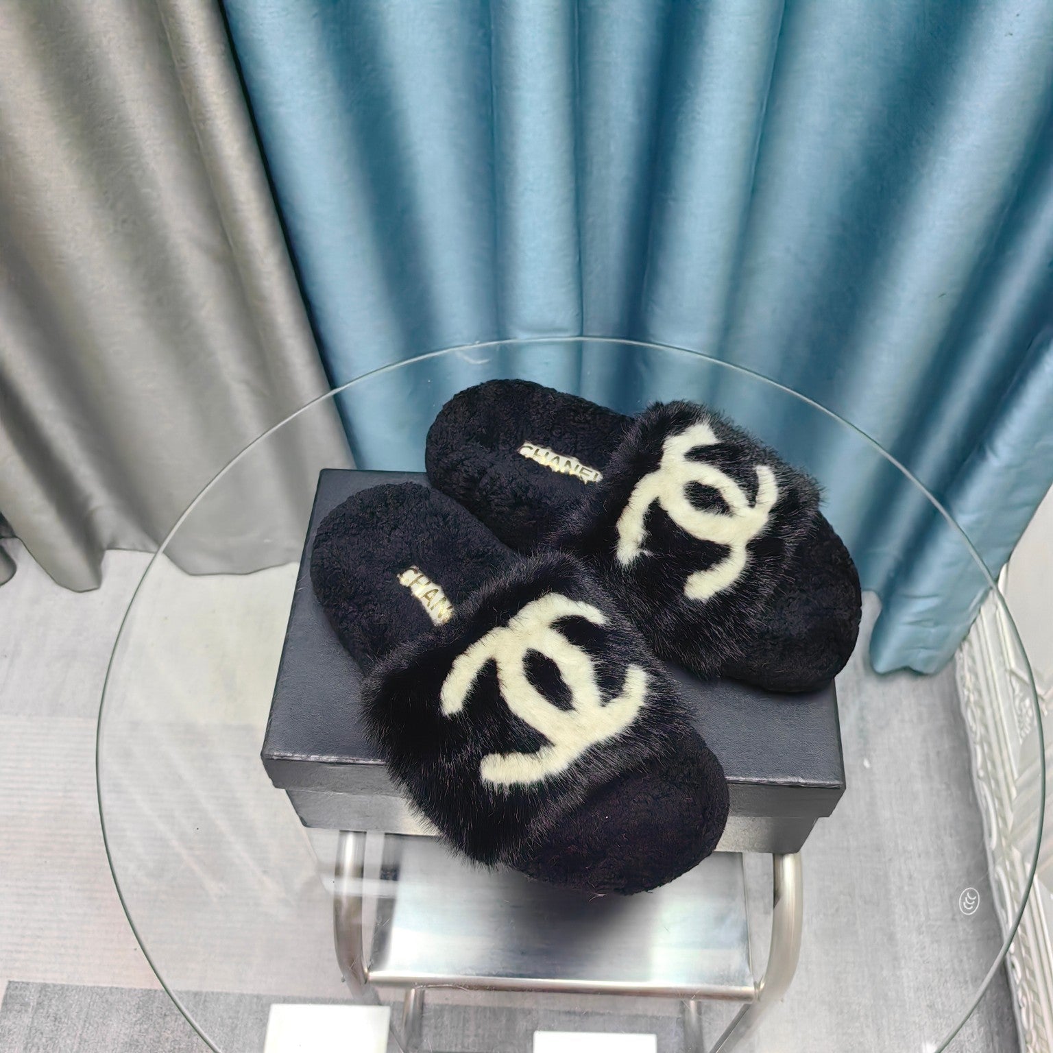 CC Slippers Black White Text Fleece Wool